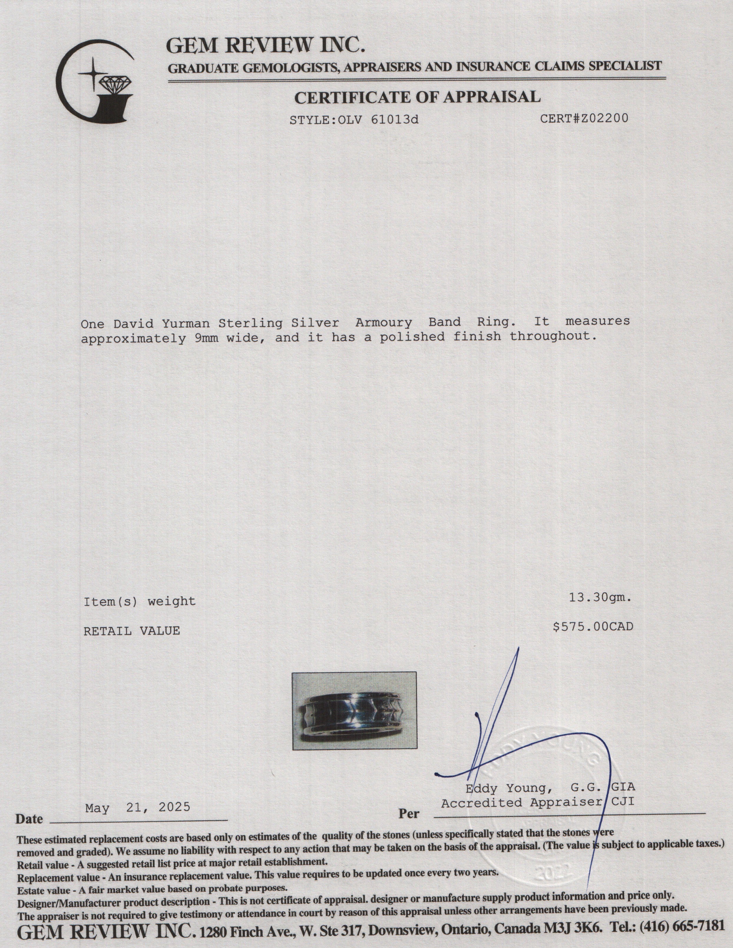 David Yurman Sterling Silver Armoury 9 MM Band Ring, Size 9