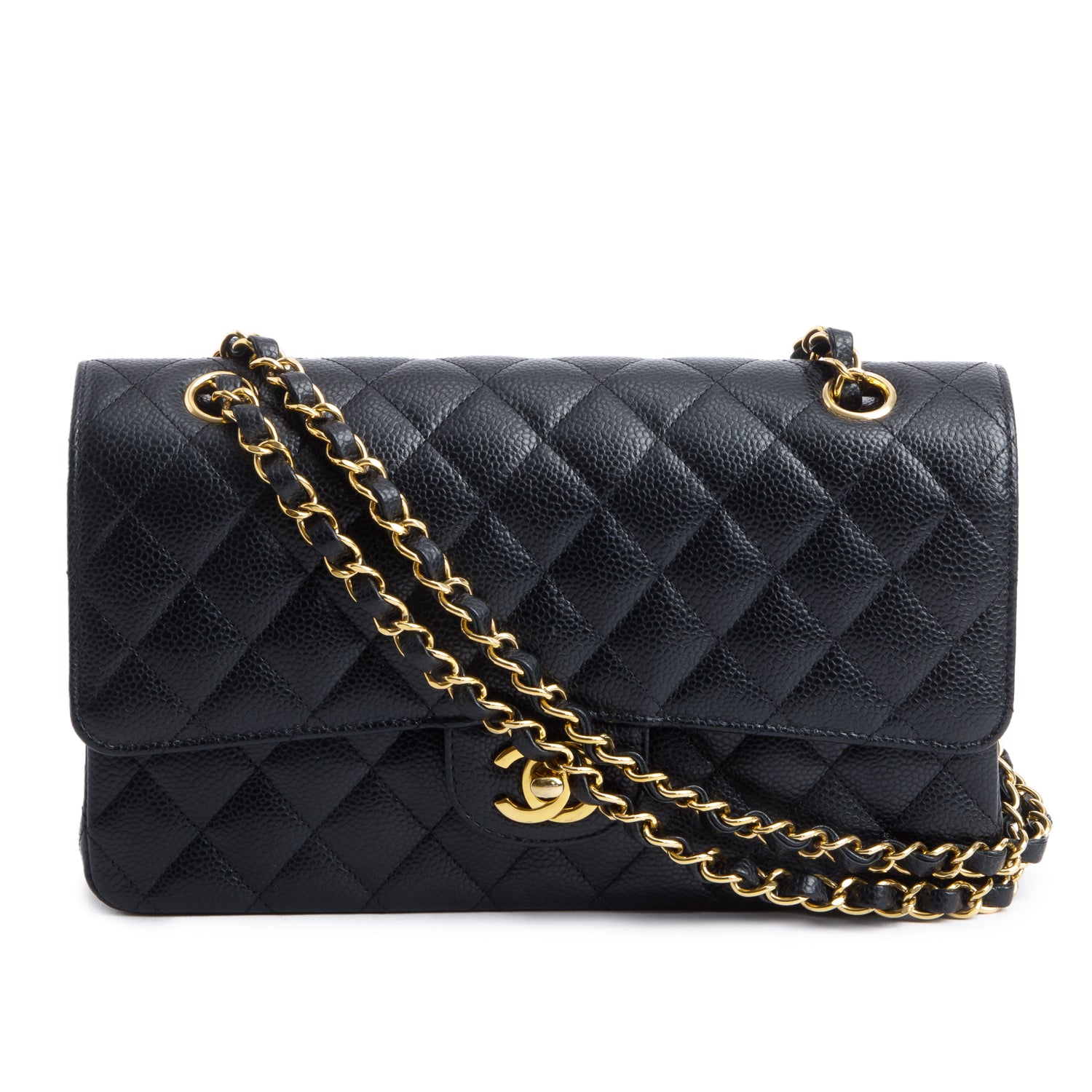 Chanel Black Quilted Caviar Leather Classic Medium Double Flap Bag w/ Box