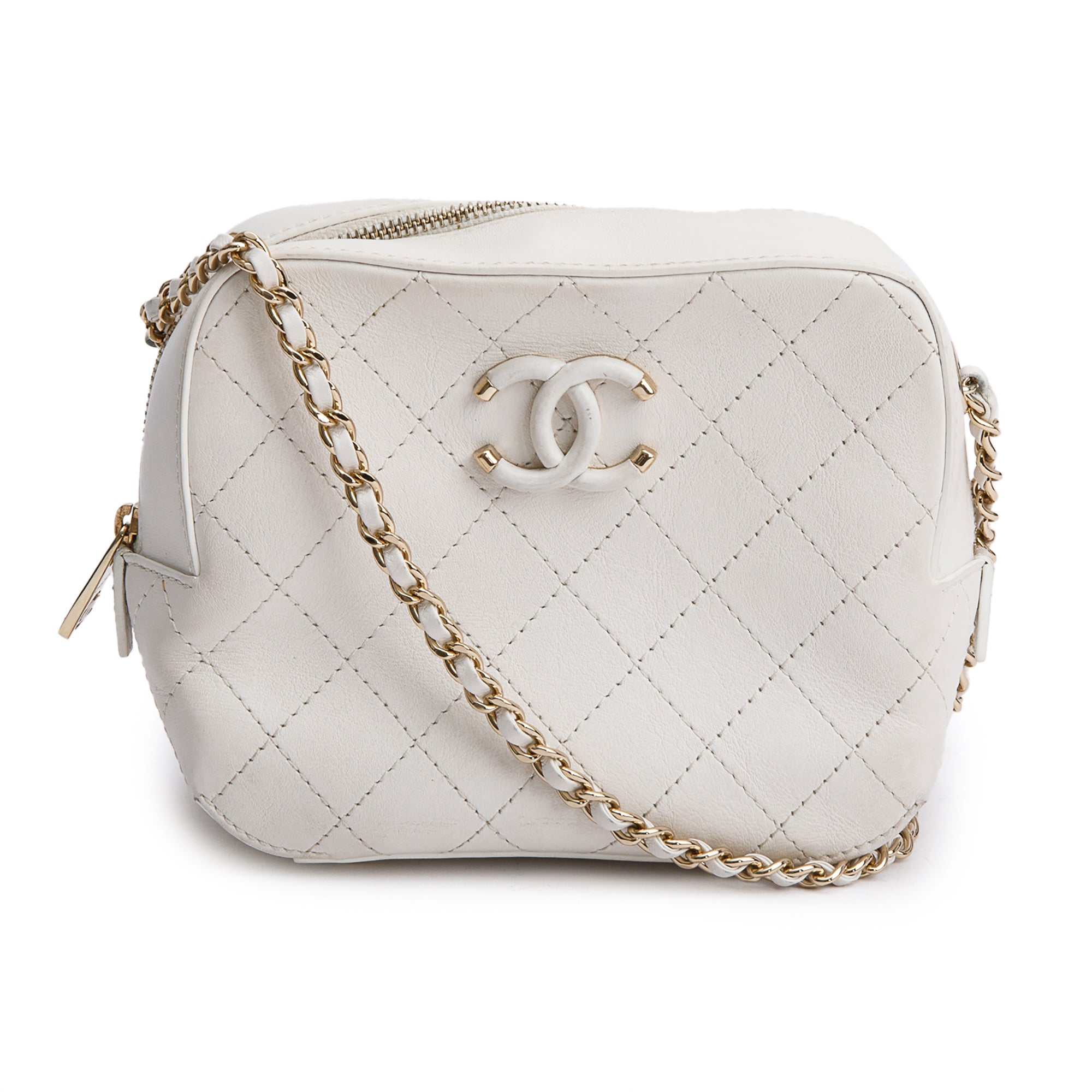 Chanel White Calfskin Leather Stitched Enamel CC Camera Bag