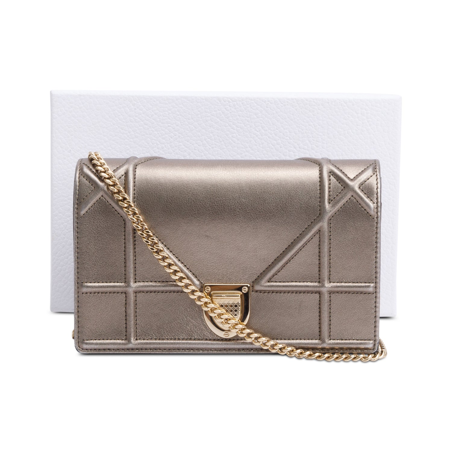 Christian Dior Metallic Gold Diorama Wallet on Chain w/ Box