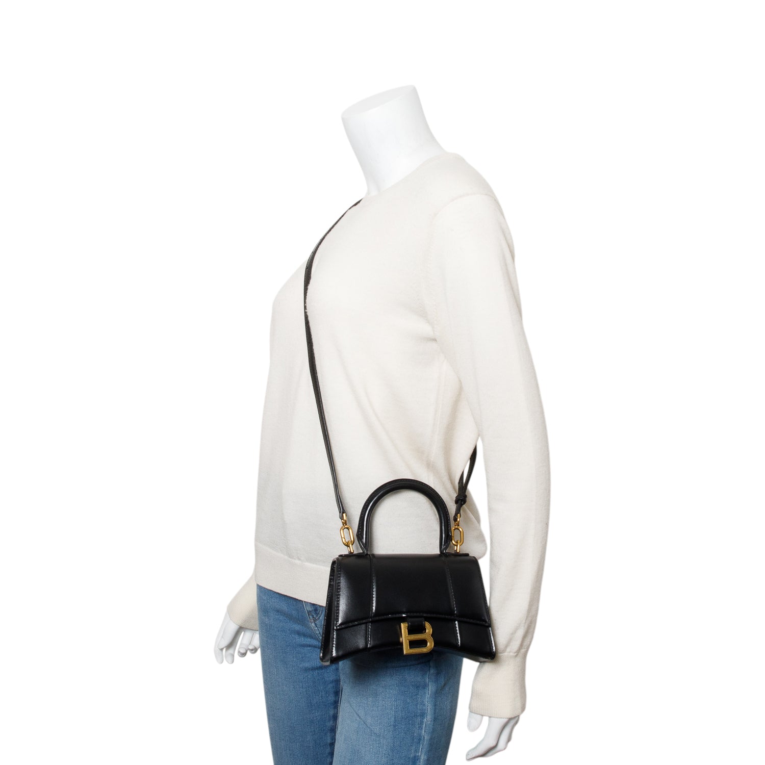 Balenciaga Black Leather XS Hourglass Top Handle Bag w/ Strap