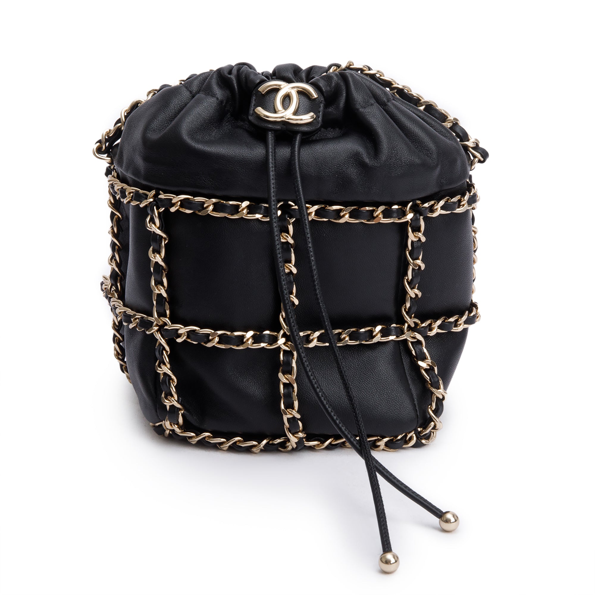 Chanel 2020 Black Lambskin Leather Chain Cage Bucket Bag w/ Authenticity Card