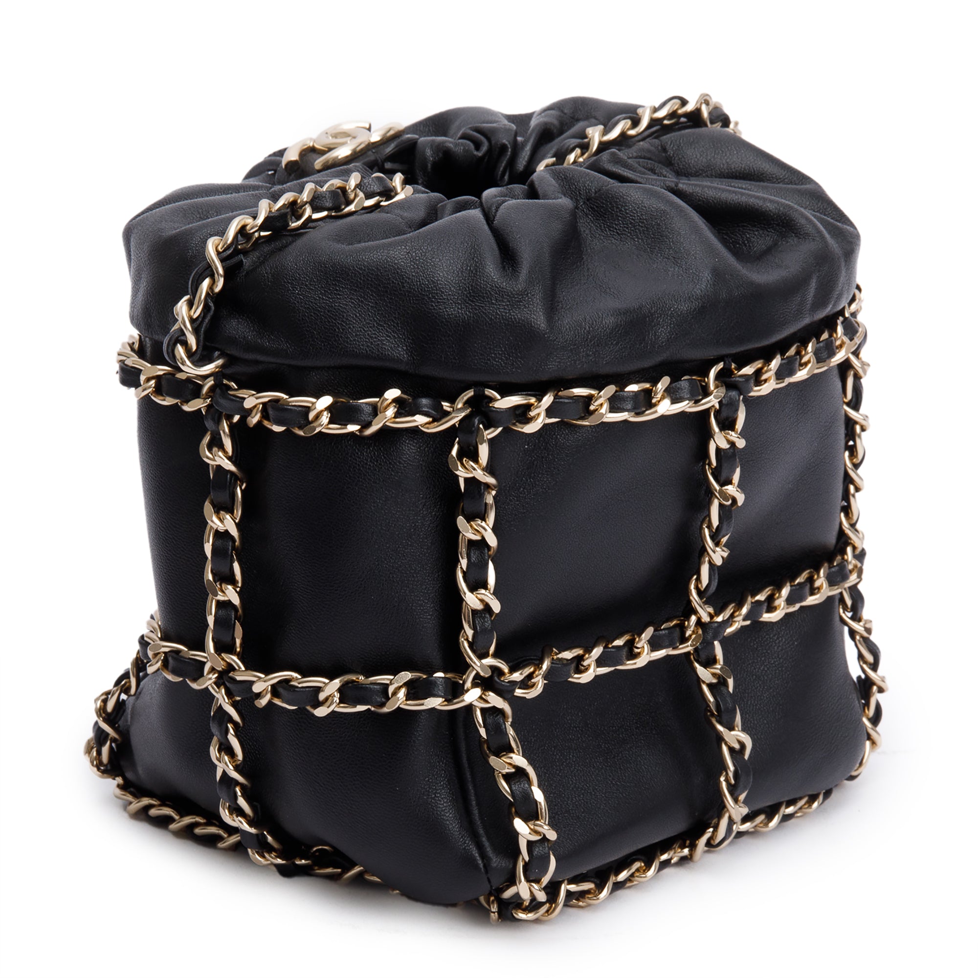 Chanel 2020 Black Lambskin Leather Chain Cage Bucket Bag w/ Authenticity Card