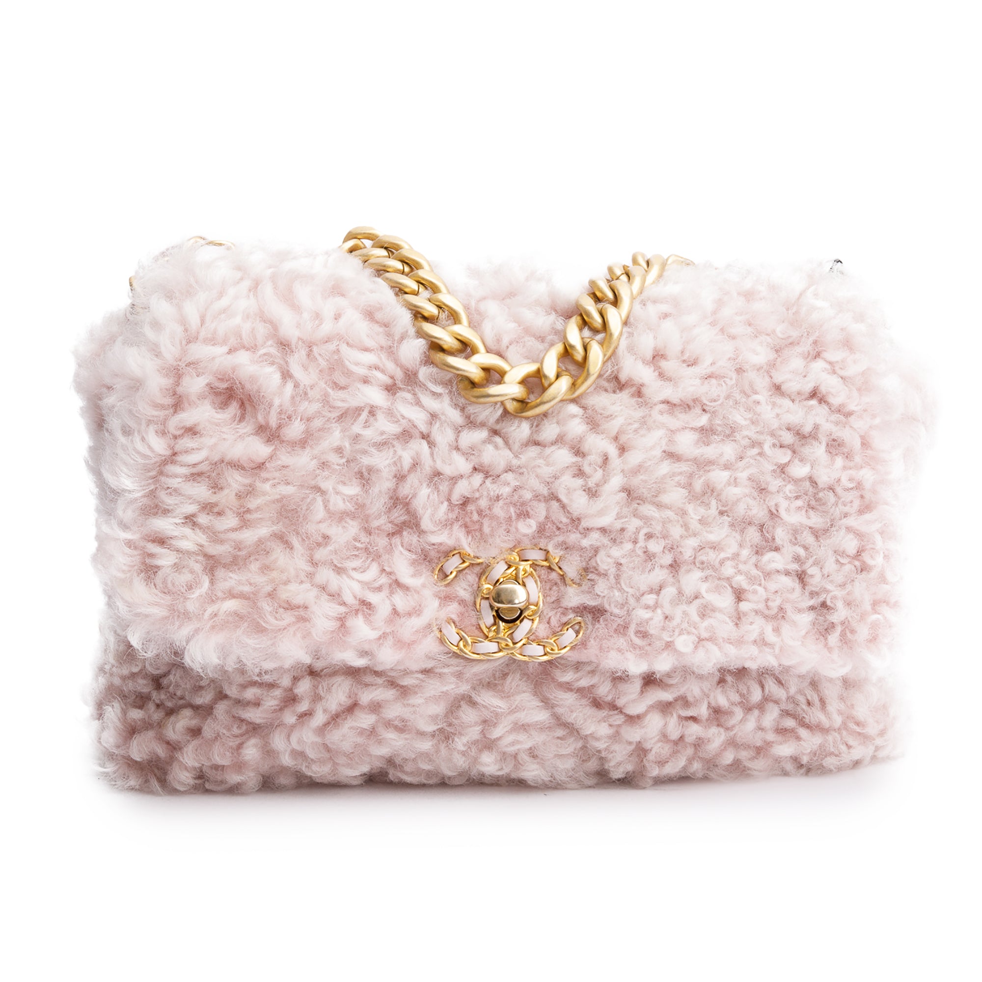Chanel 2020 Pink Shearling Medium 19 Flap Bag w/ Authenticity Card