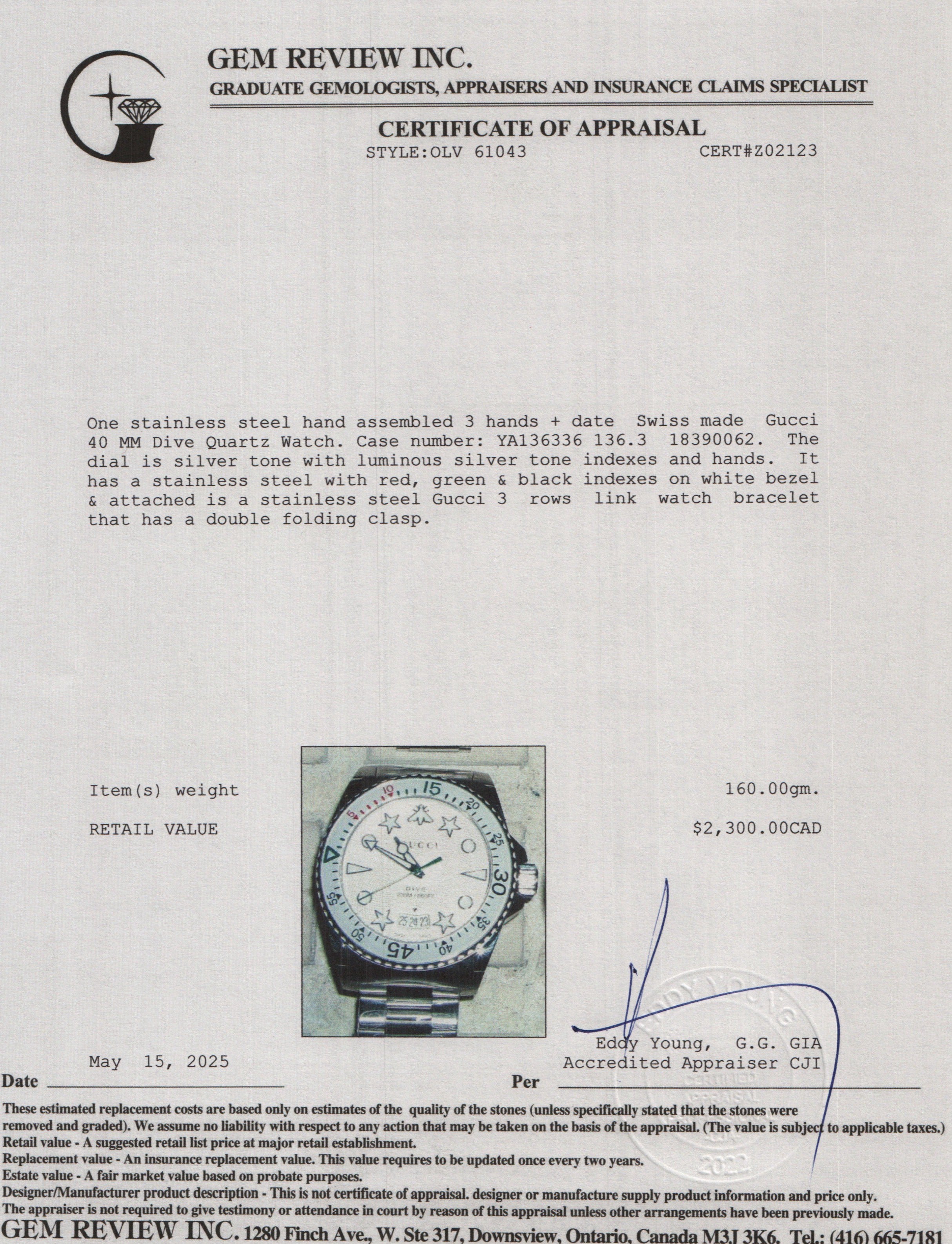 Gucci Stainless Steel 40 MM Dive Quartz Watch w/ Box