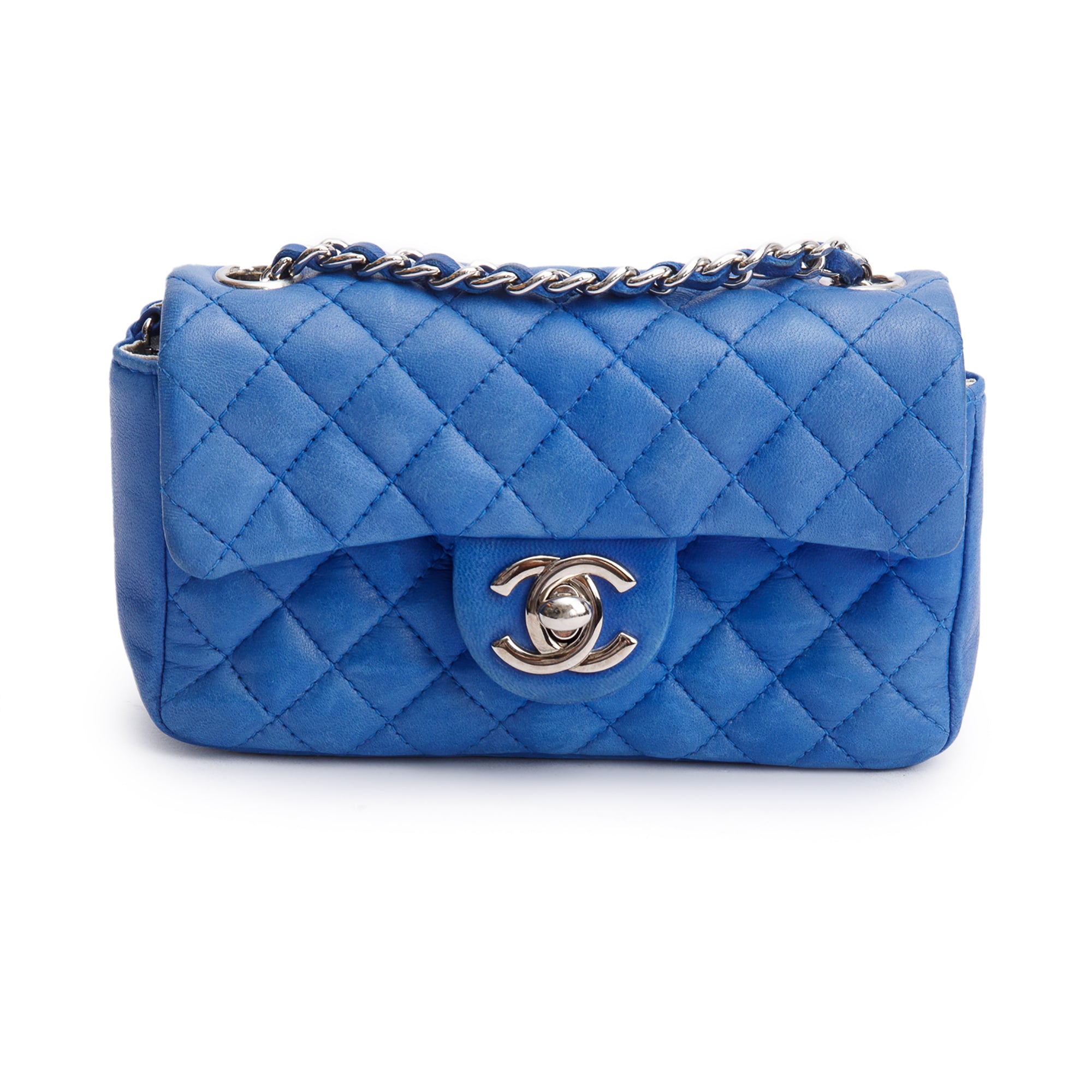 Chanel Vintage Blue Lambskin Leather Classic Extra Mini Rectangular Flap Bag