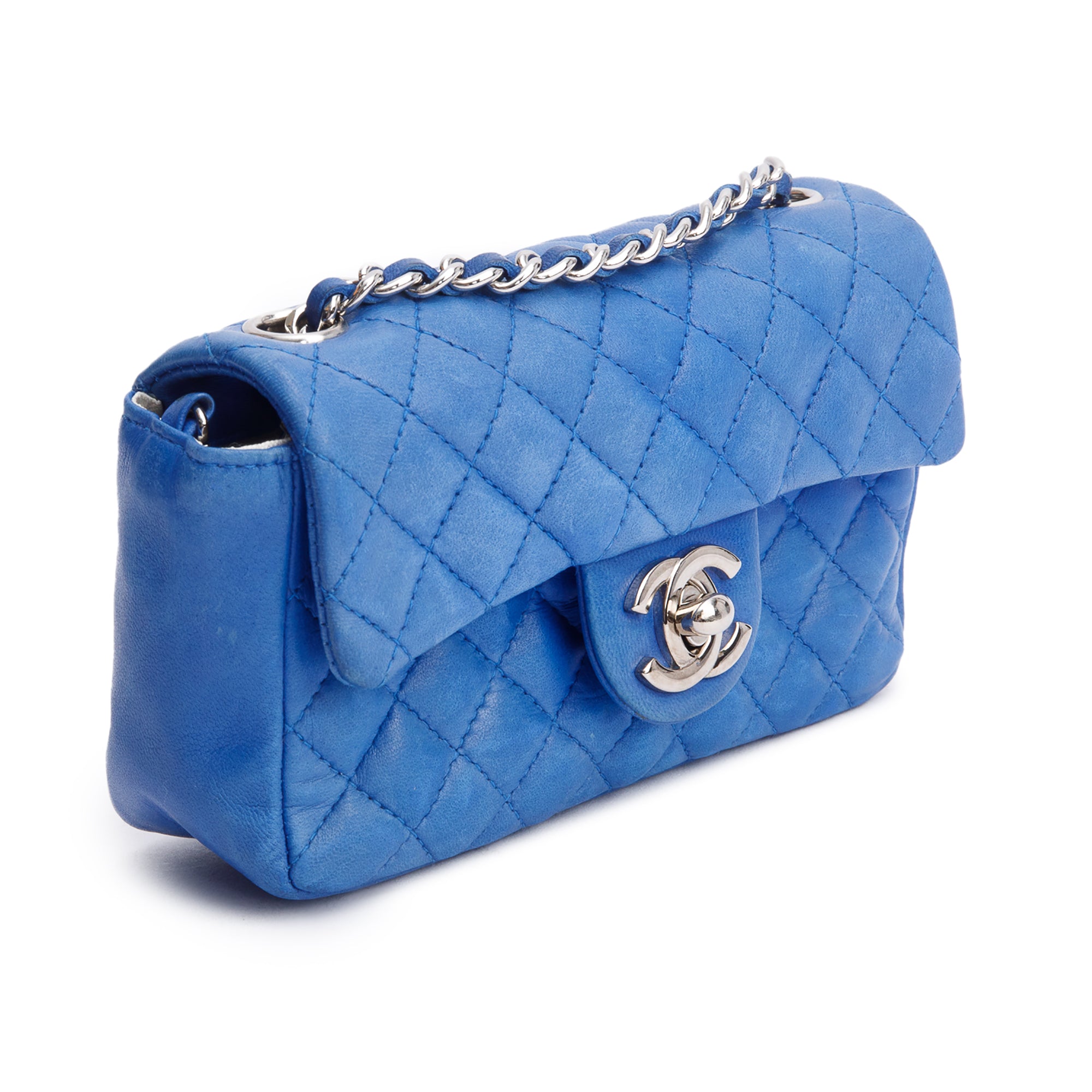 Chanel Vintage Blue Lambskin Leather Classic Extra Mini Rectangular Flap Bag