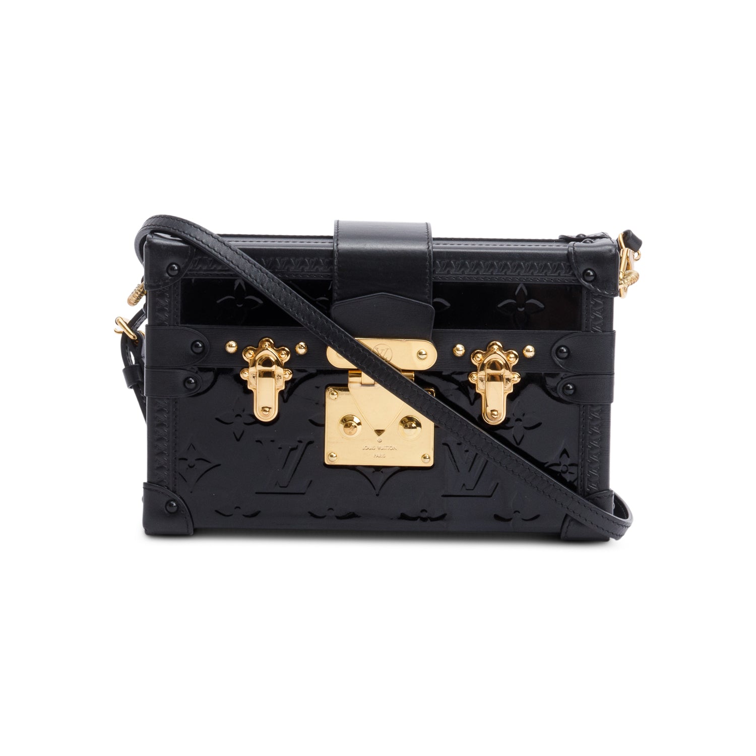 Louis Vuitton Black Monogram Vernis Petite Malle Bag w/ Strap