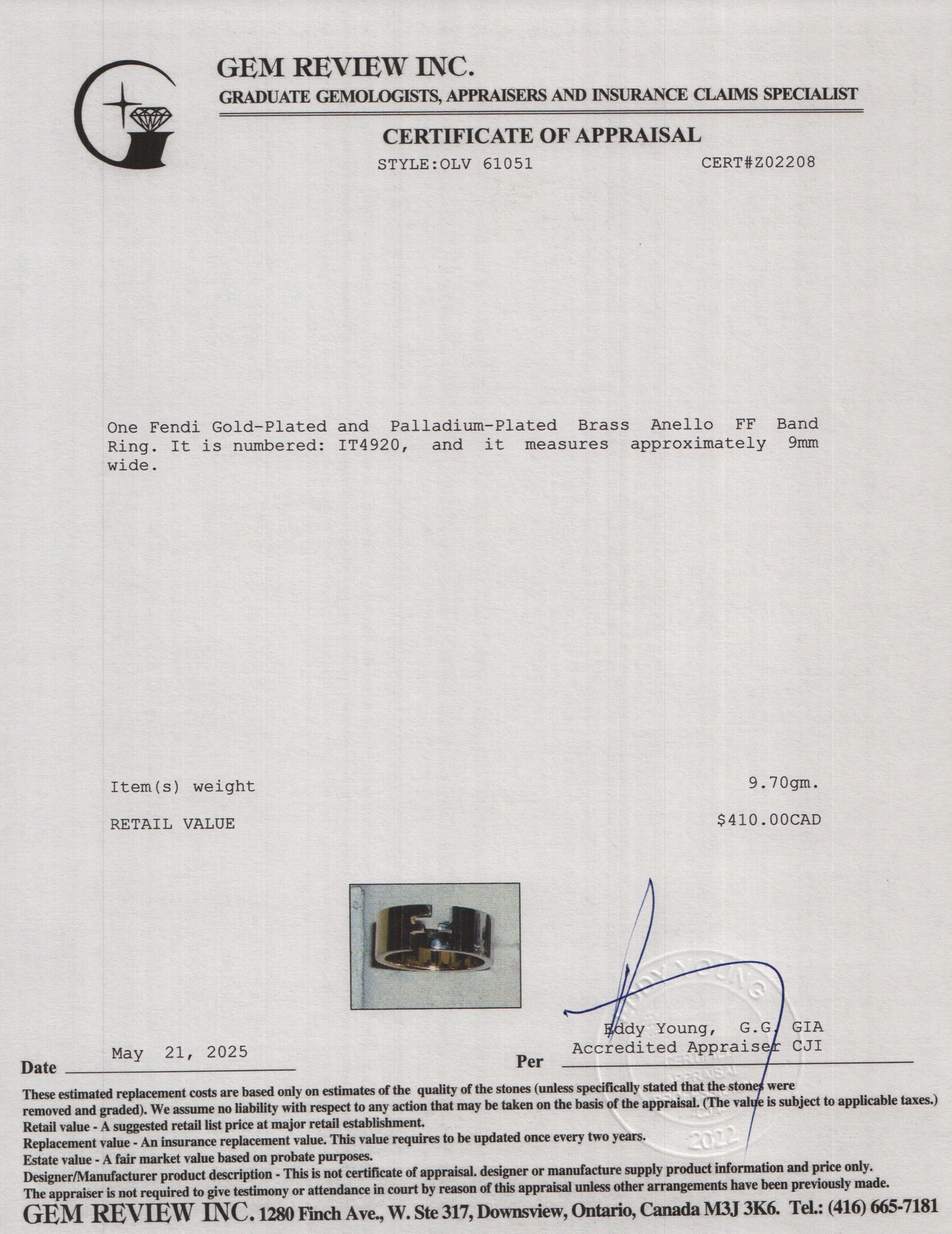 Fendi 2021 Gold-Plated and Palladium-Plated Brass Anello FF Band Ring, Size M 10 w/ Box