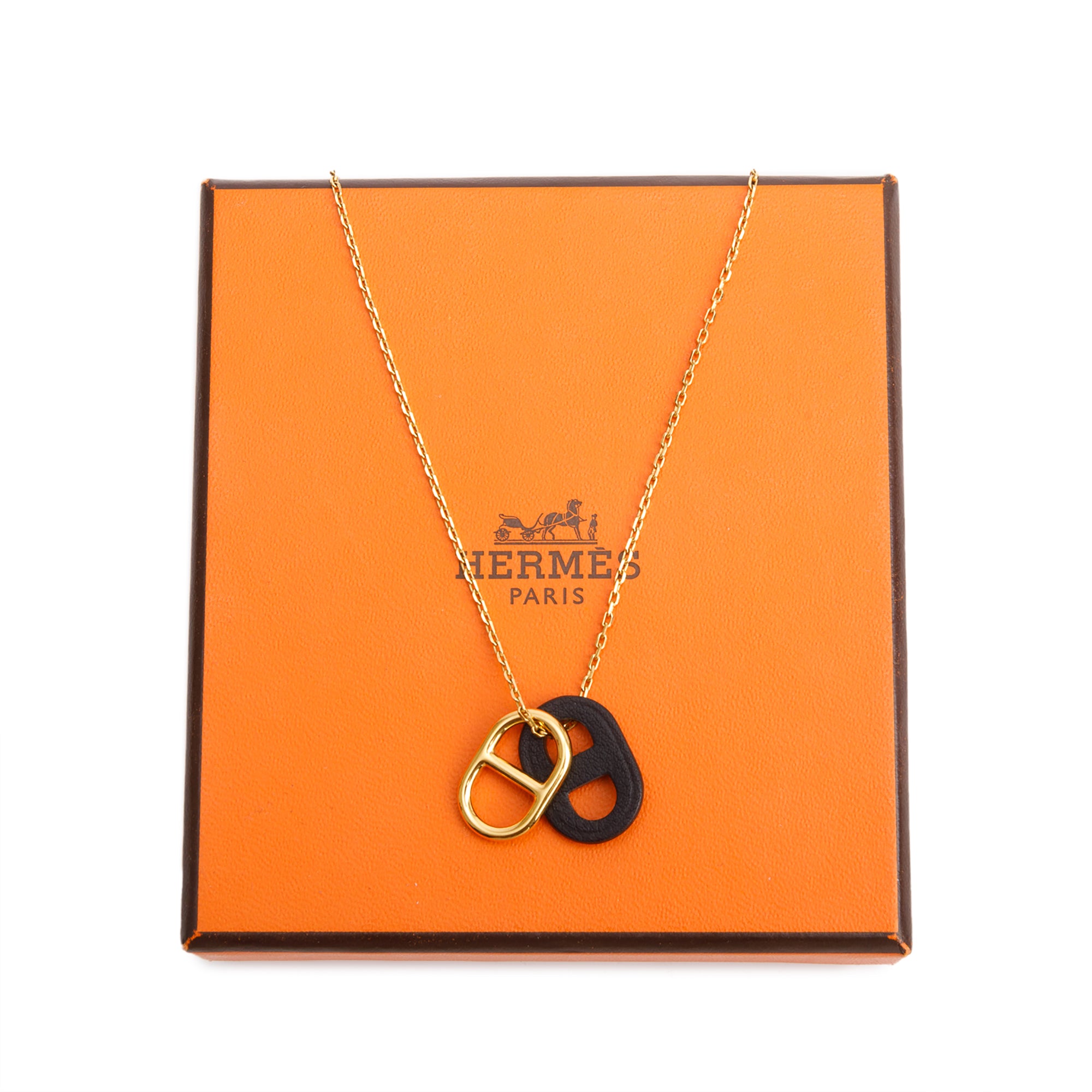 Hermes Gold-Plated Black Leather Mini O'Maillon Pendant Necklace w/ Box