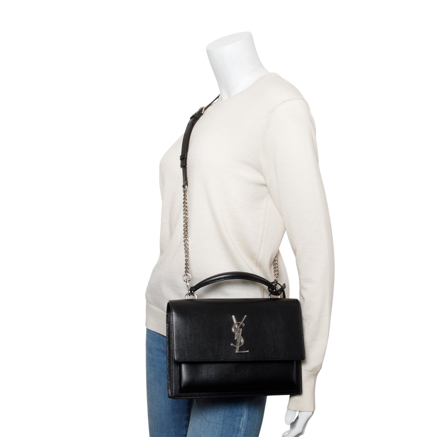 Saint Laurent Black Leather Sunset Top Handle Bag w/ Box