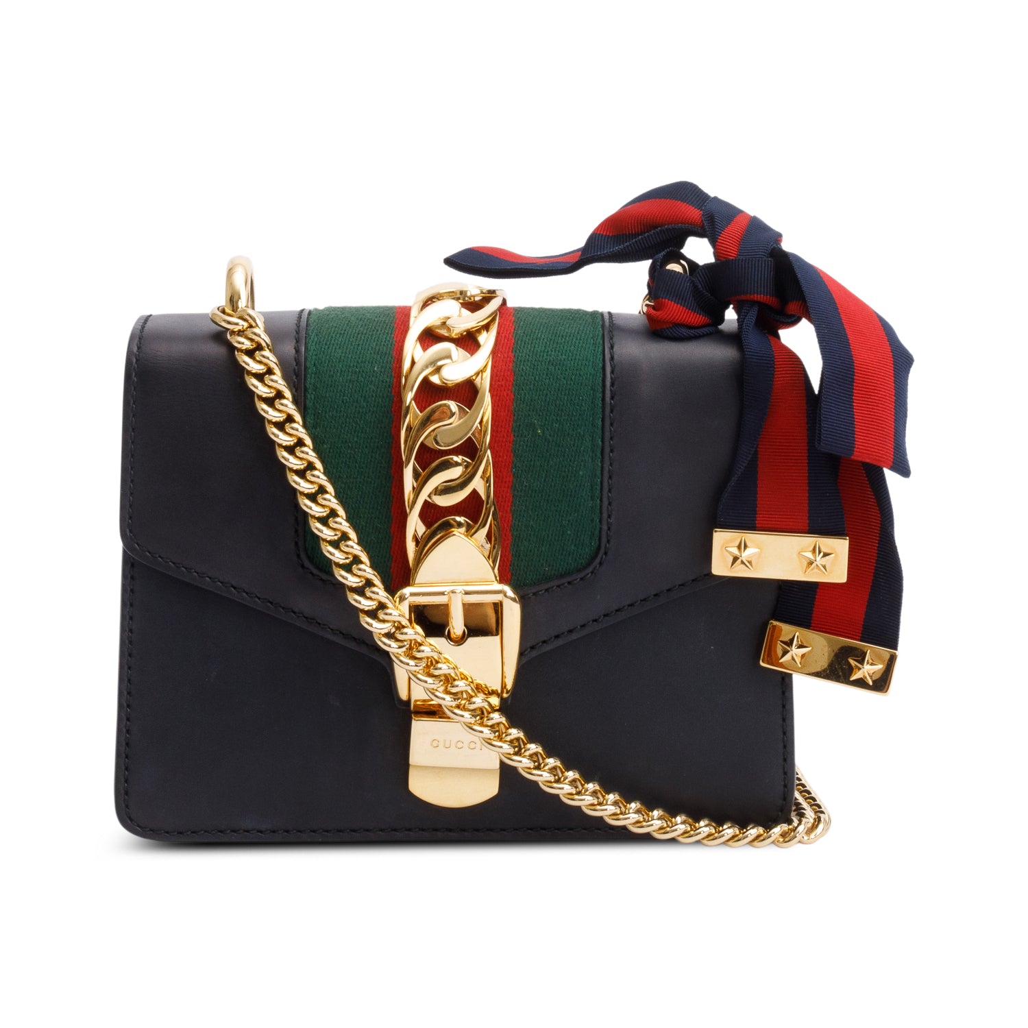 Gucci Black Calfskin Leather Web Mini Sylvie Chain Shoulder Bag