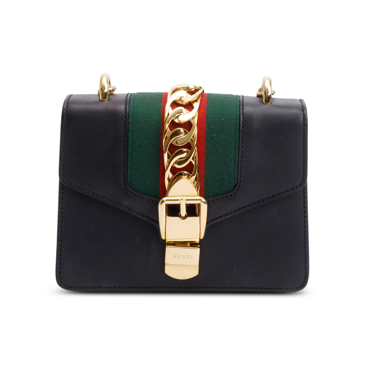 Gucci Black Calfskin Leather Web Mini Sylvie Chain Shoulder Bag