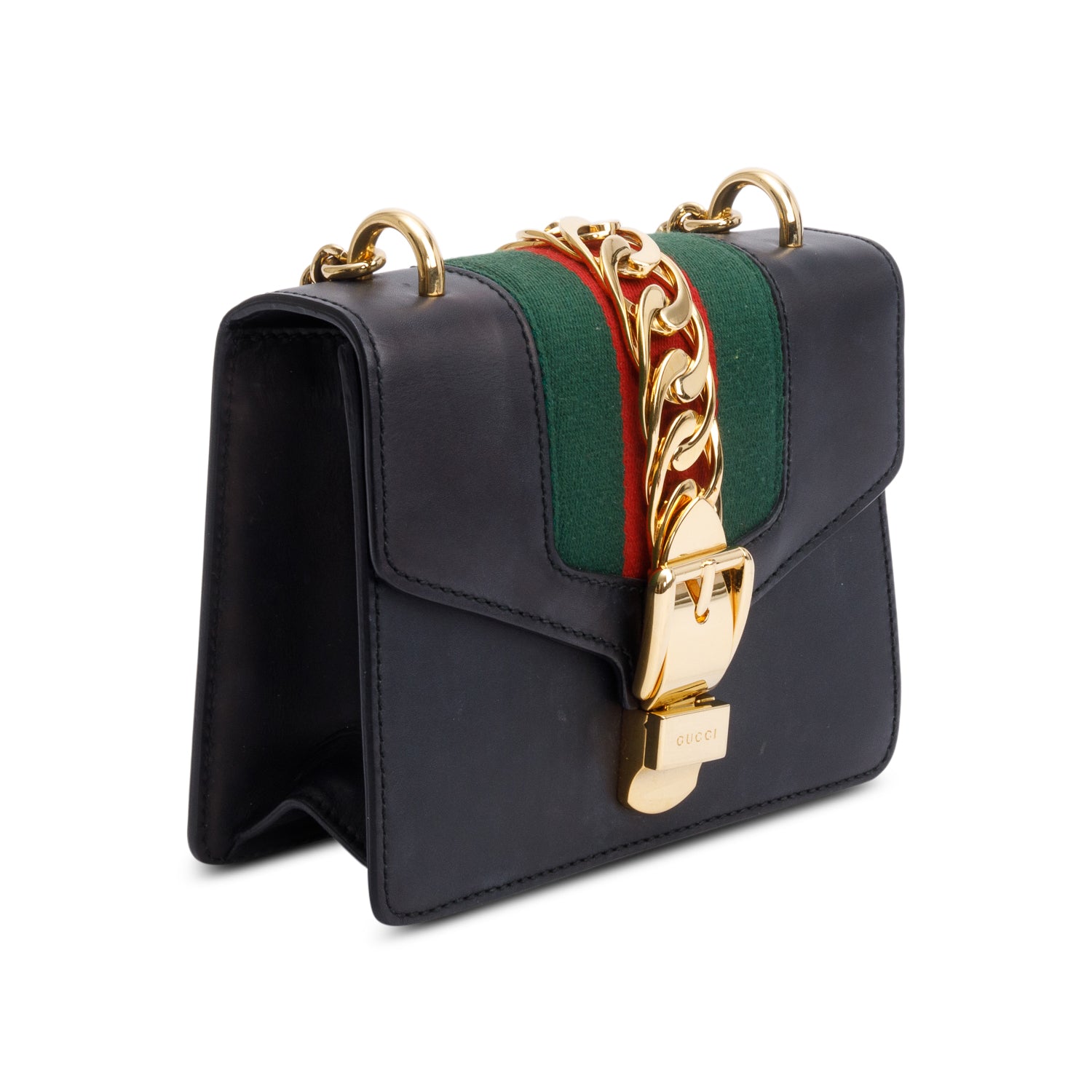 Gucci Black Calfskin Leather Web Mini Sylvie Chain Shoulder Bag