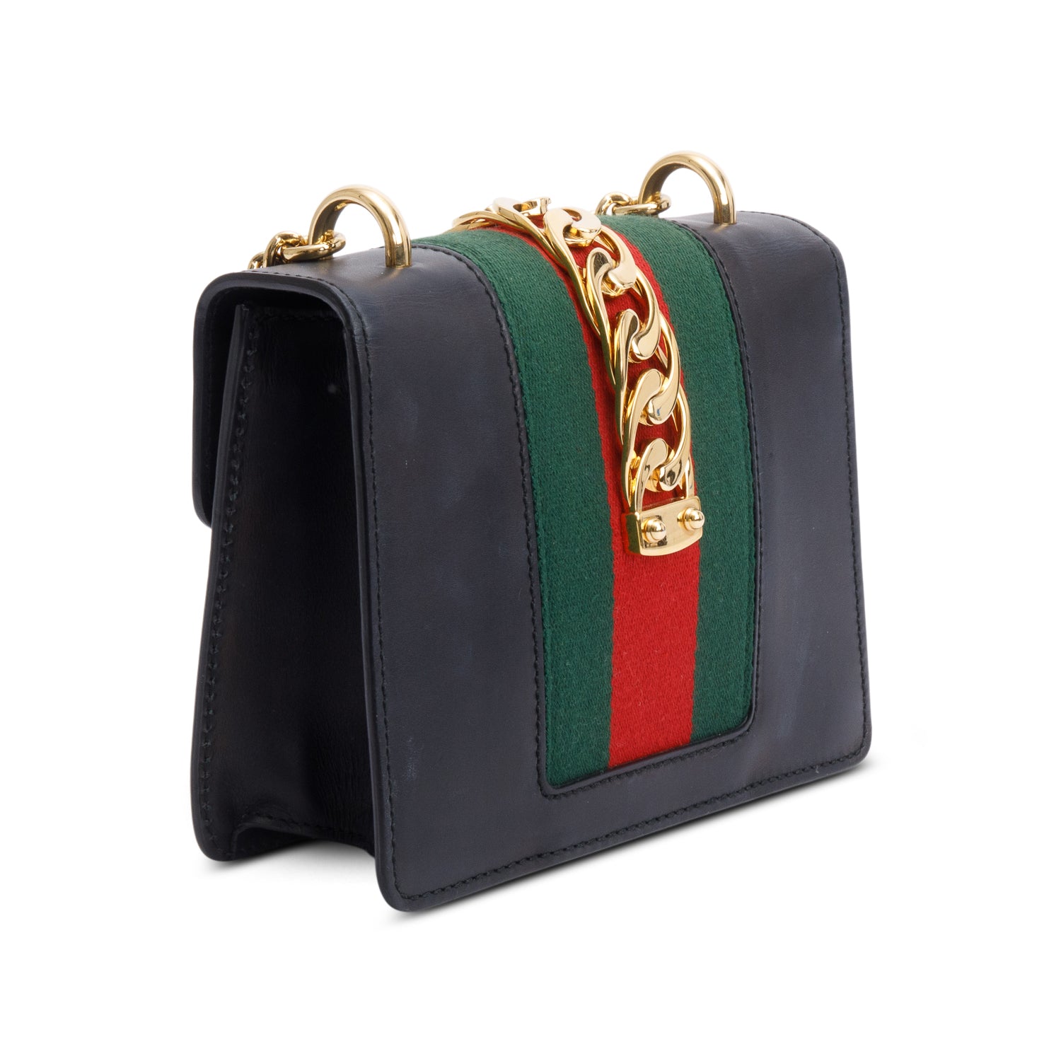 Gucci Black Calfskin Leather Web Mini Sylvie Chain Shoulder Bag