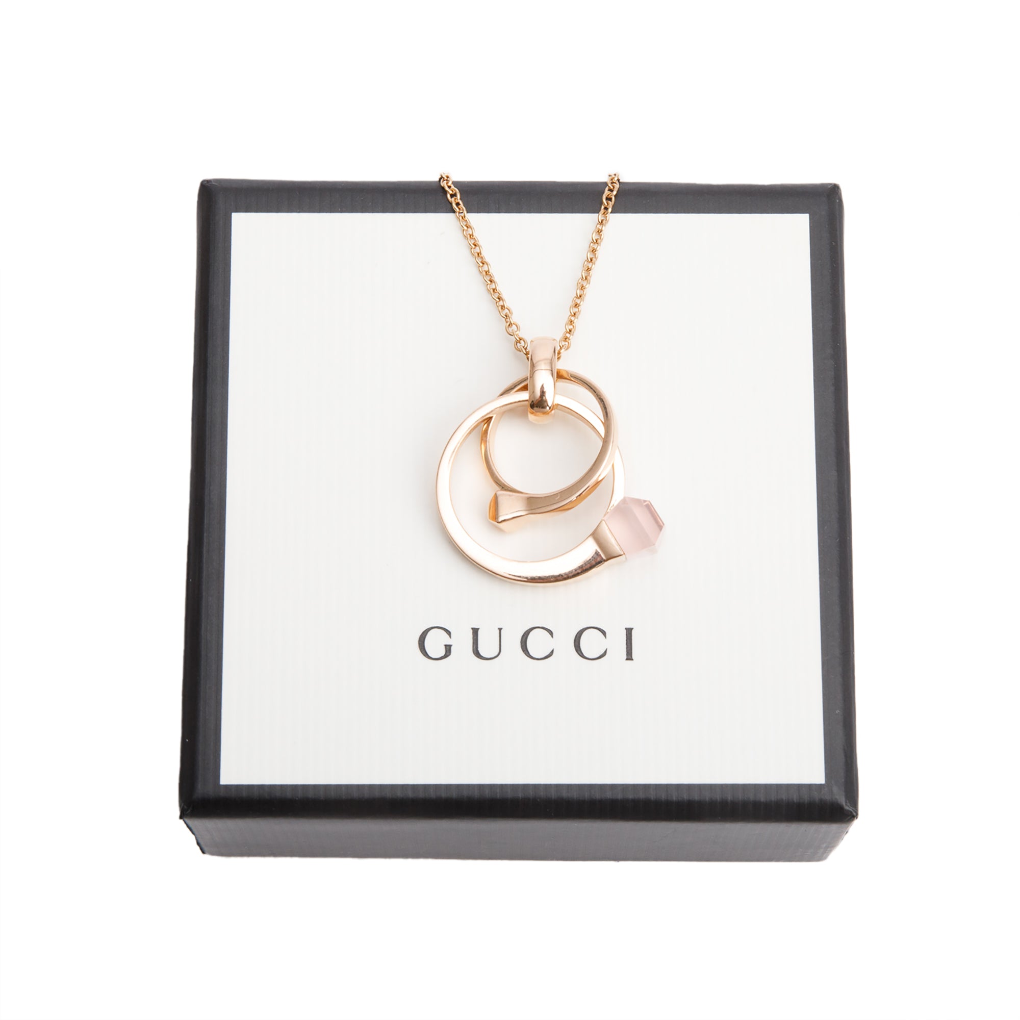 Gucci 18k Rose Gold Pink Quartz Chiodo Nail Multi Ring Pendant Necklace w/ Box