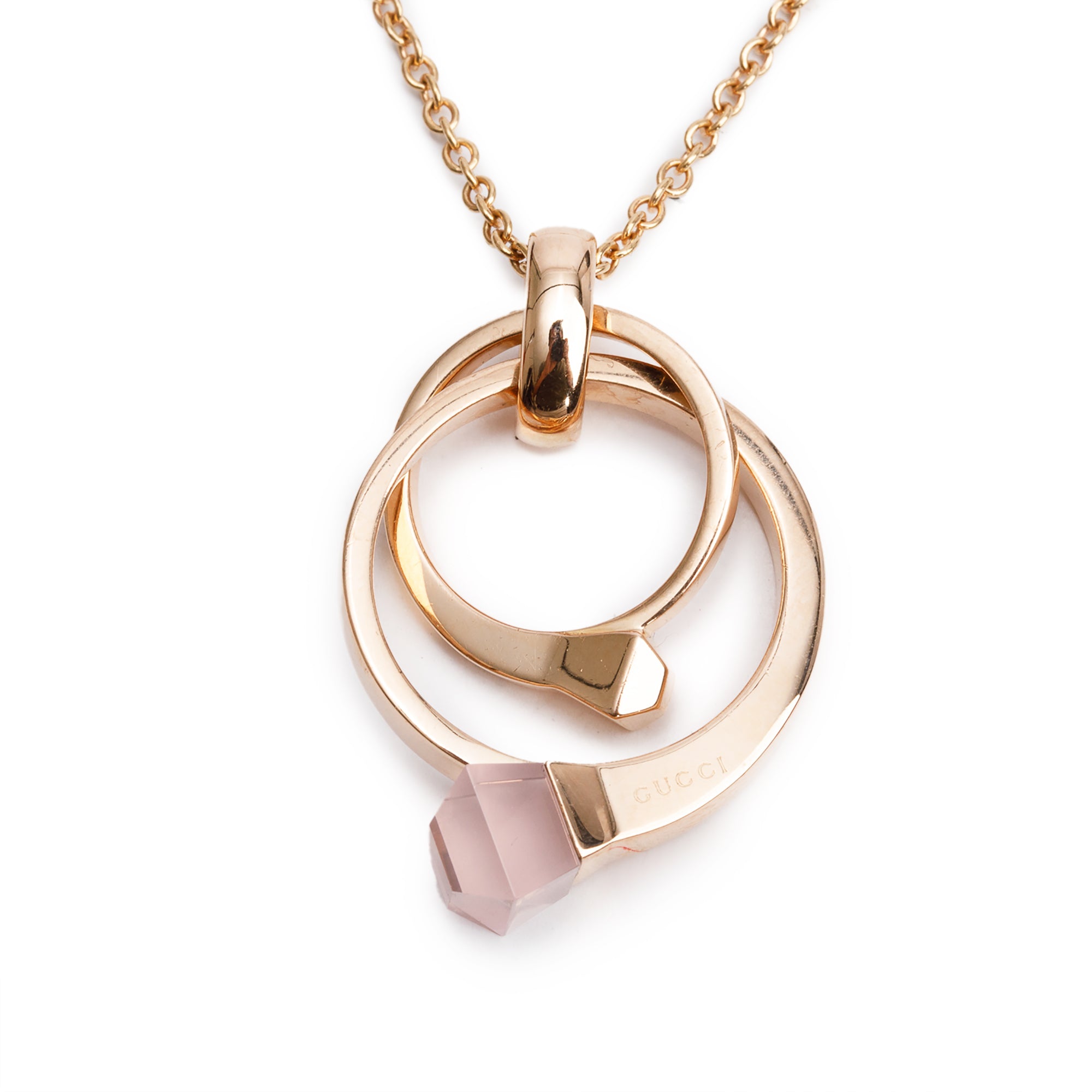 Gucci 18k Rose Gold Pink Quartz Chiodo Nail Multi Ring Pendant Necklace w/ Box