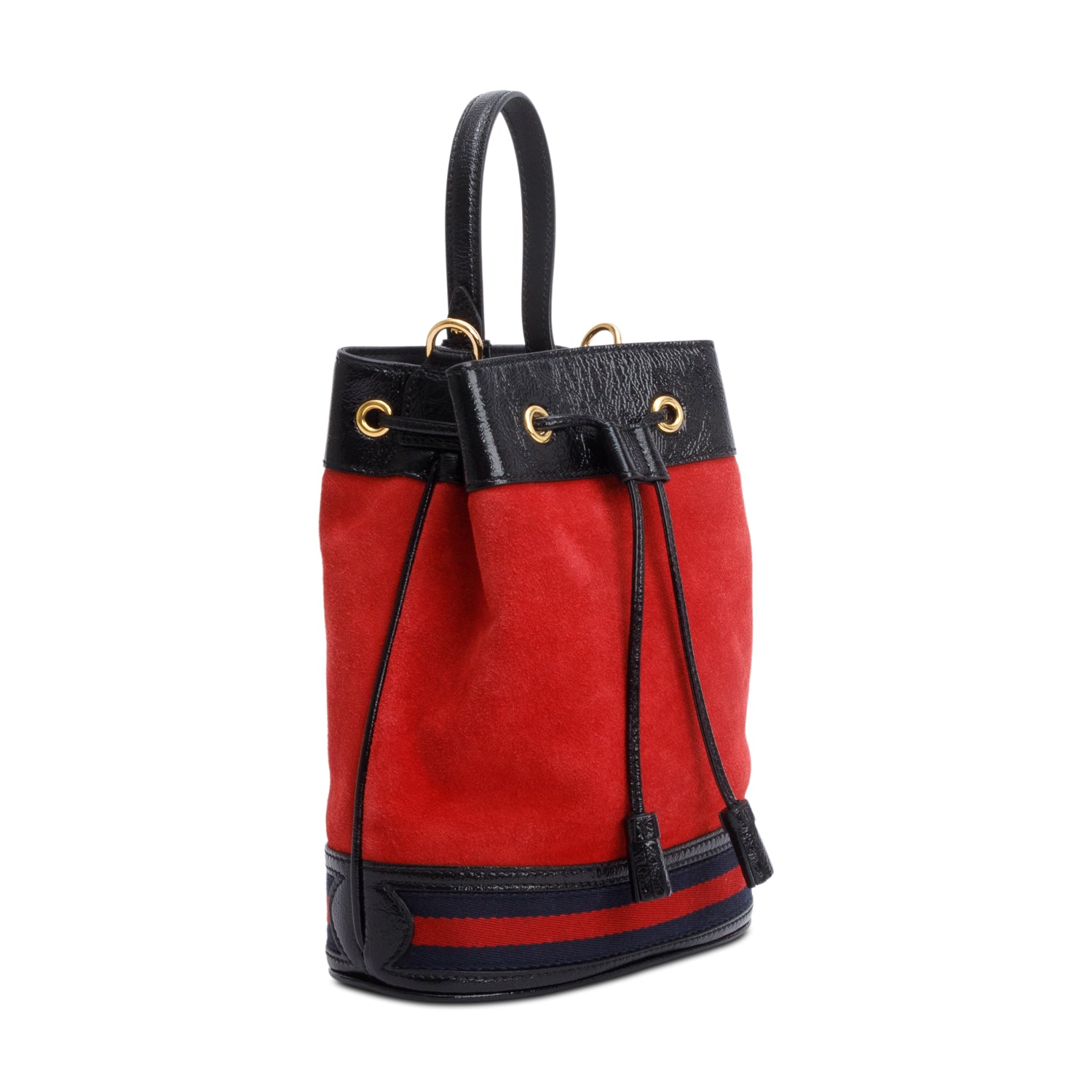 Gucci Red Suede Black Patent Leather Web Ophidia Small Bucket Bag