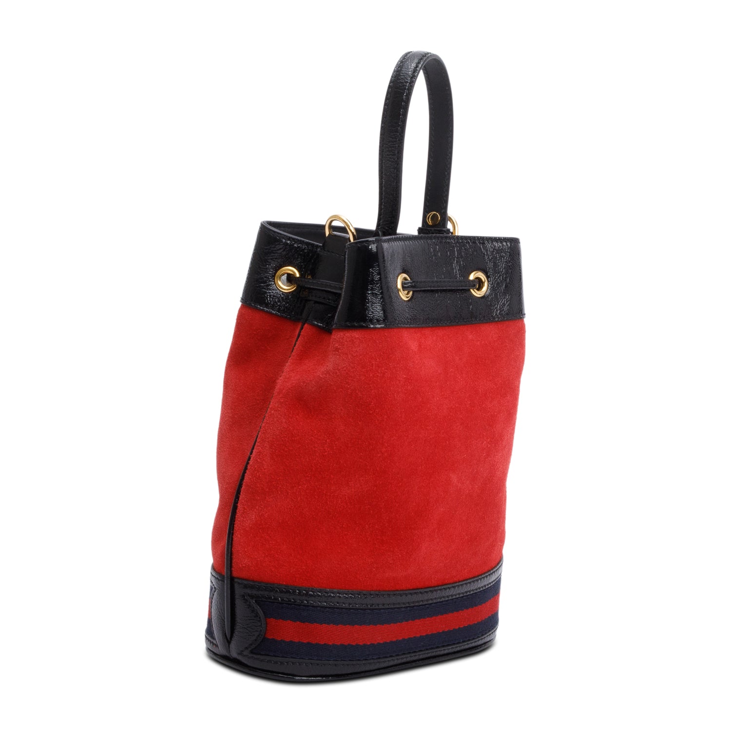 Gucci Red Suede Black Patent Leather Web Ophidia Small Bucket Bag