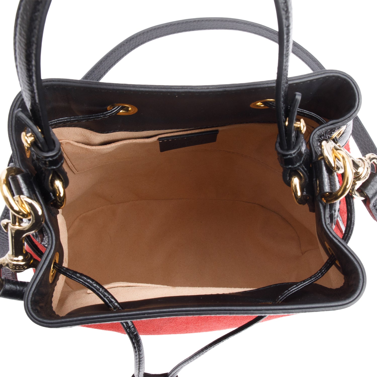 Gucci Red Suede Black Patent Leather Web Ophidia Small Bucket Bag