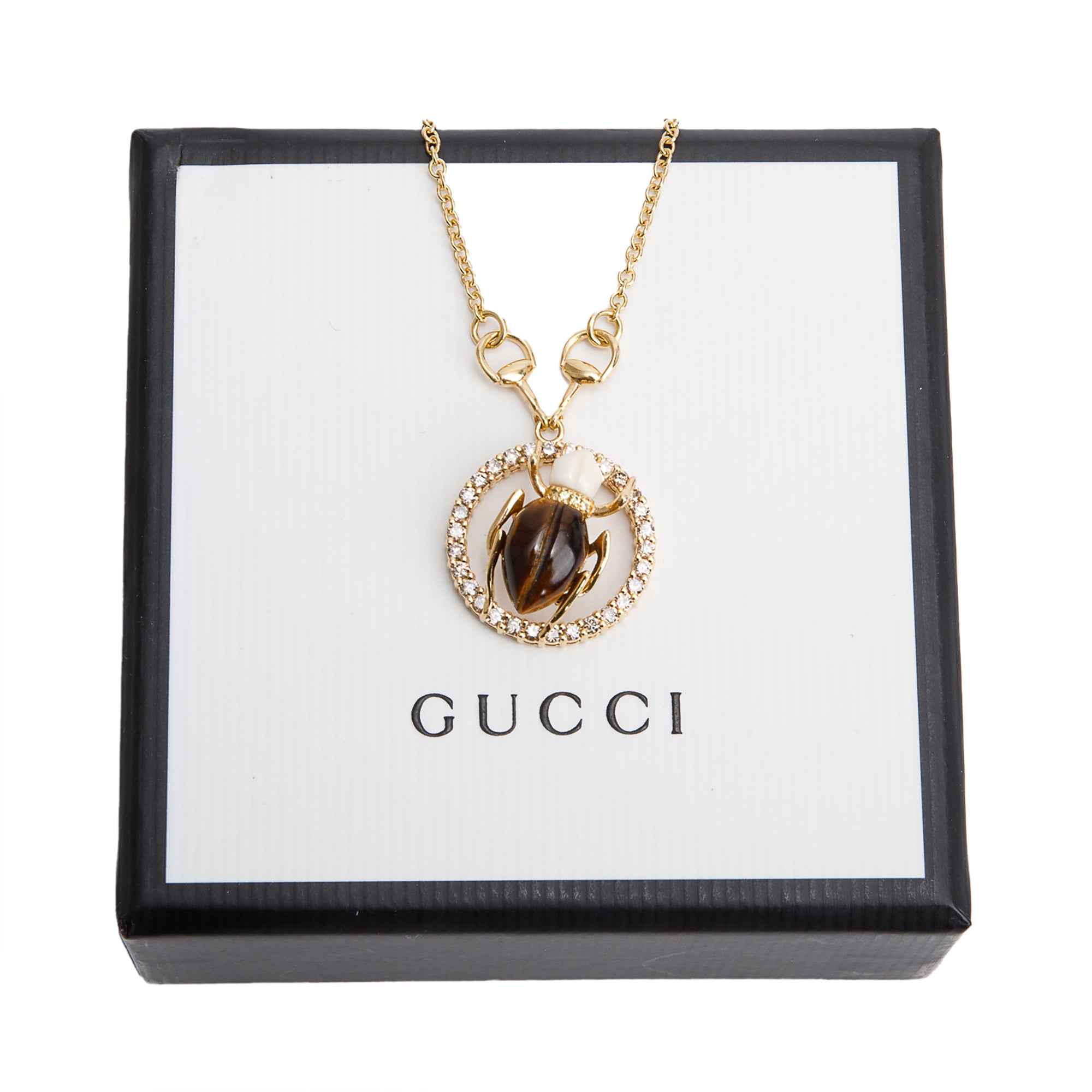 Gucci 18k Yellow Gold Diamond Scarab Beetle Pendant Necklace w/ Box