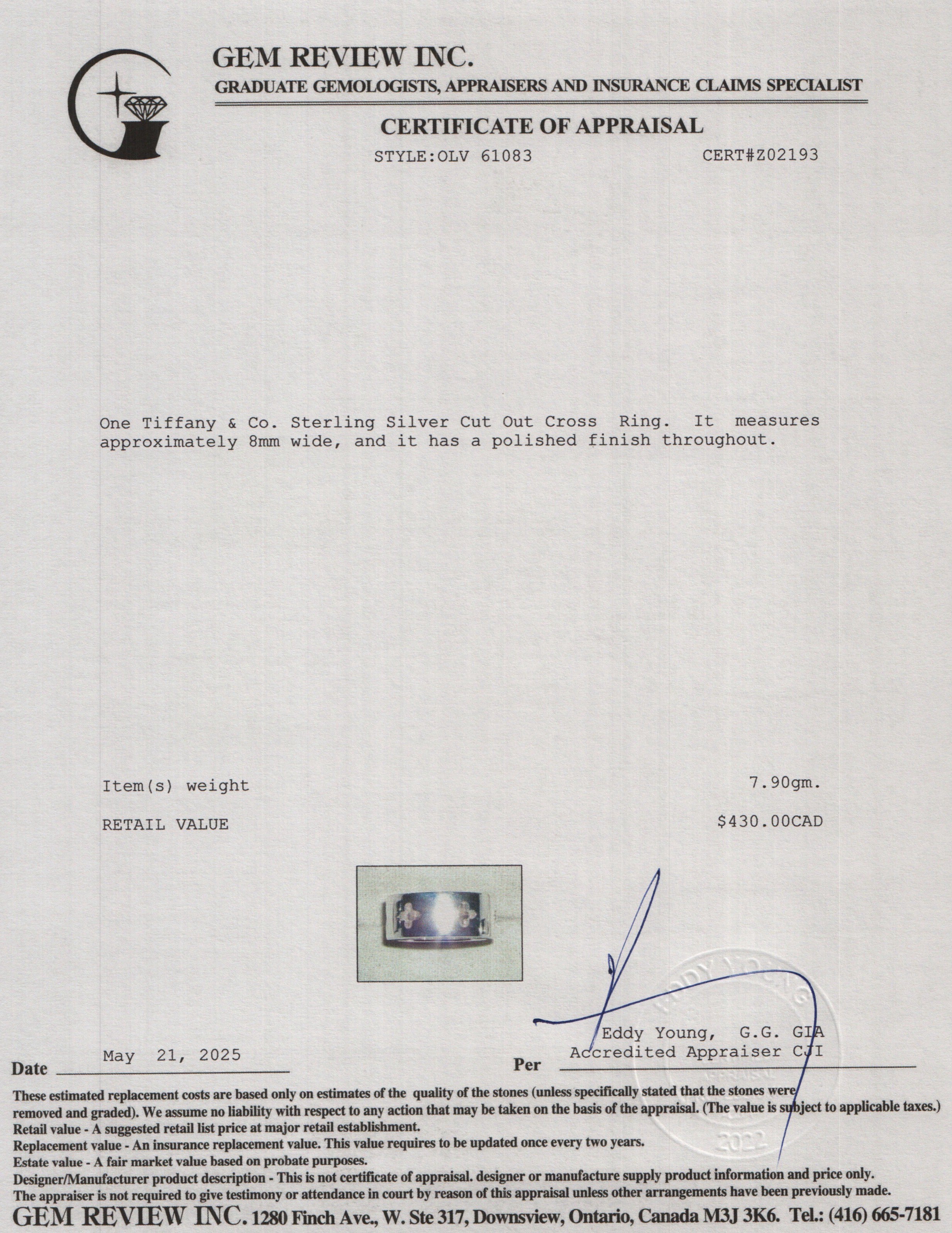 Tiffany & Co. Sterling Silver Cut Out Cross Ring, Size 5