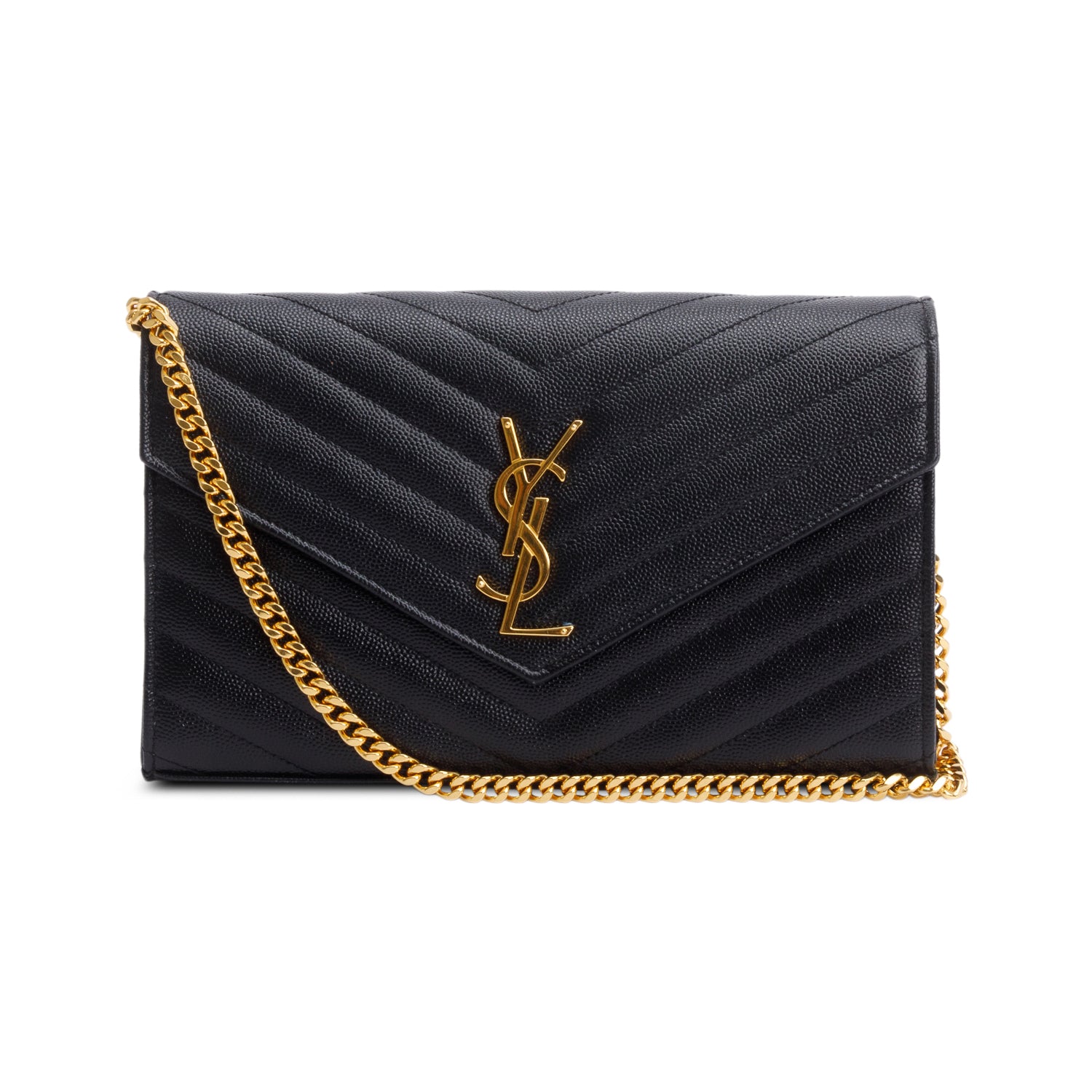 Saint Laurent Black Grain De Poudre Leather Cassandre Envelope Chain Wallet w/ Box