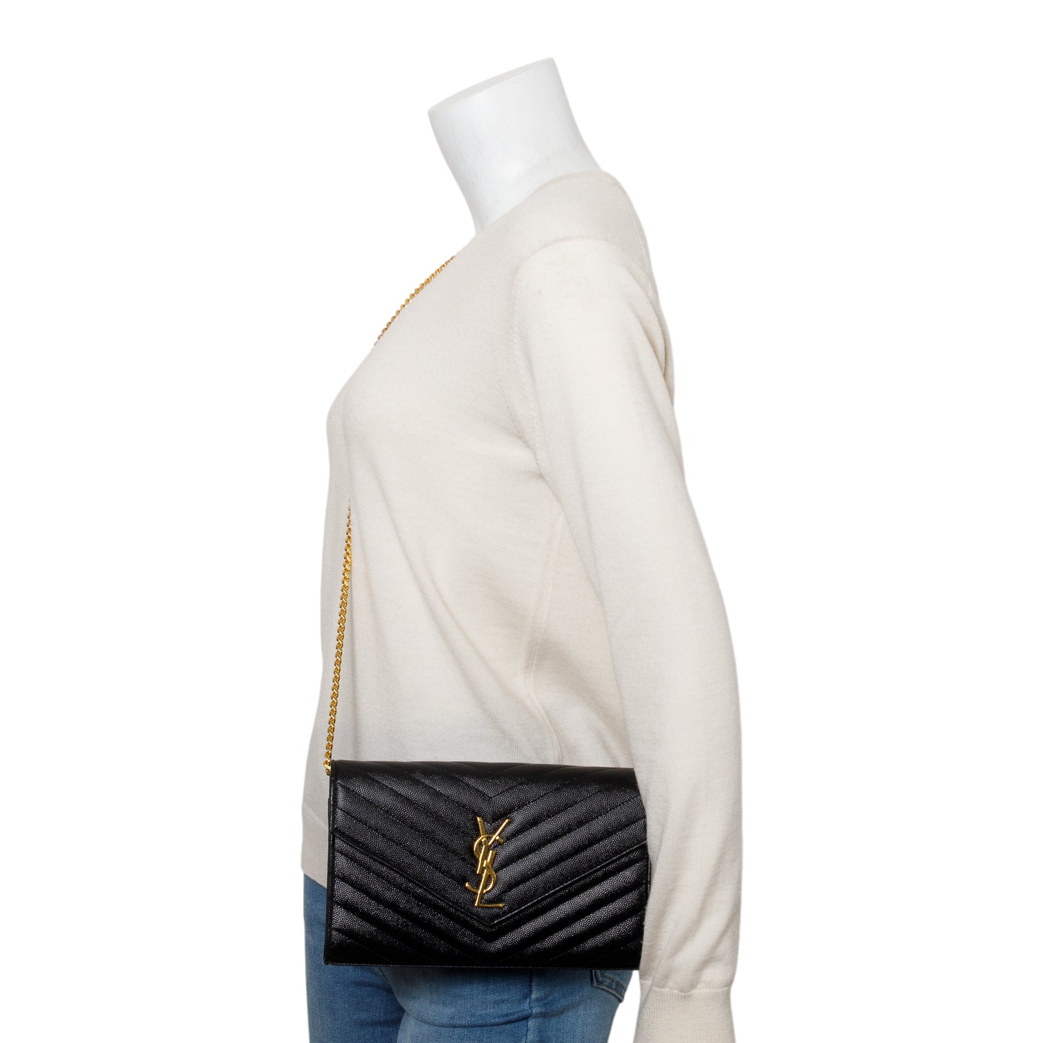 Saint Laurent Black Grain De Poudre Leather Cassandre Envelope Chain Wallet w/ Box