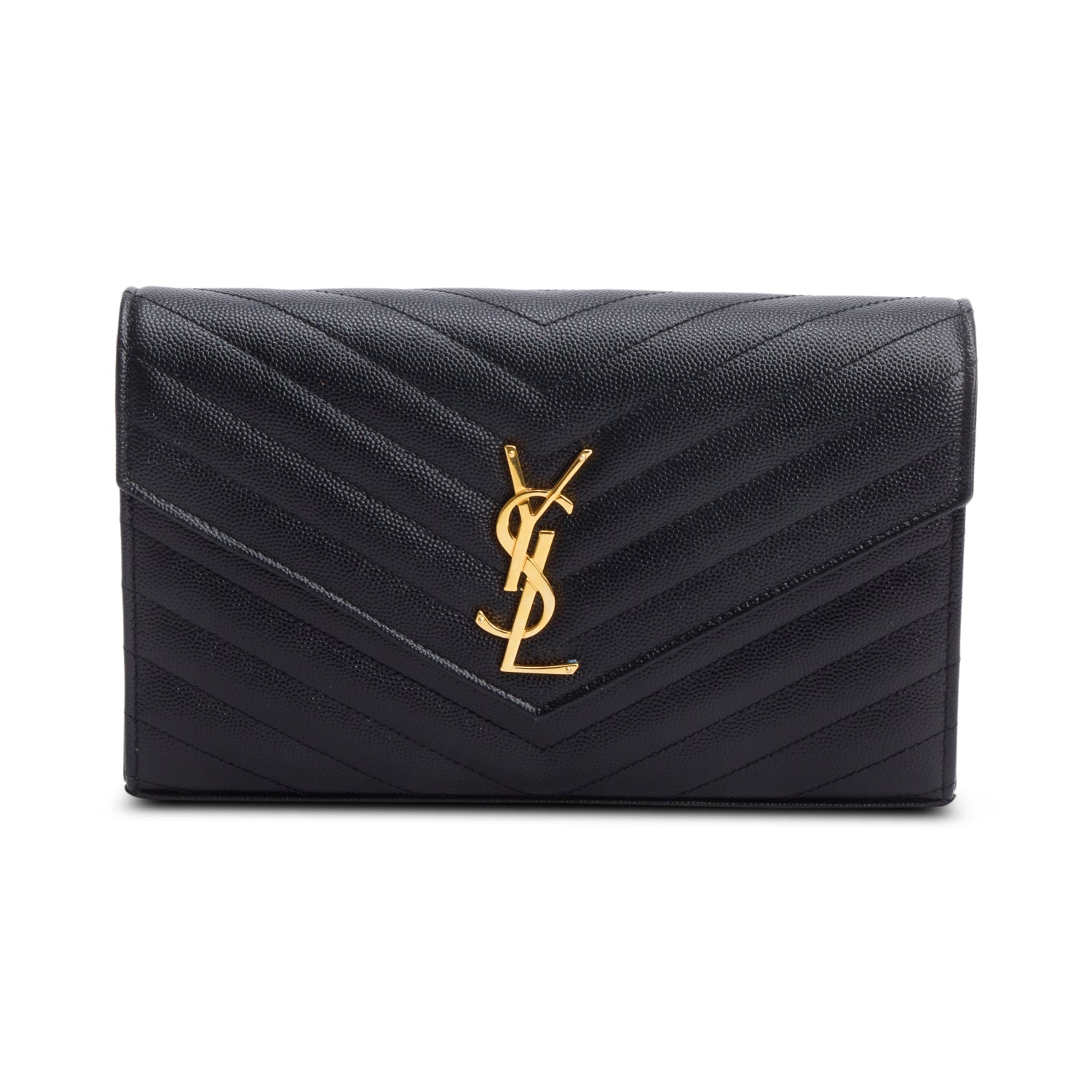Saint Laurent Black Grain De Poudre Leather Cassandre Envelope Chain Wallet w/ Box