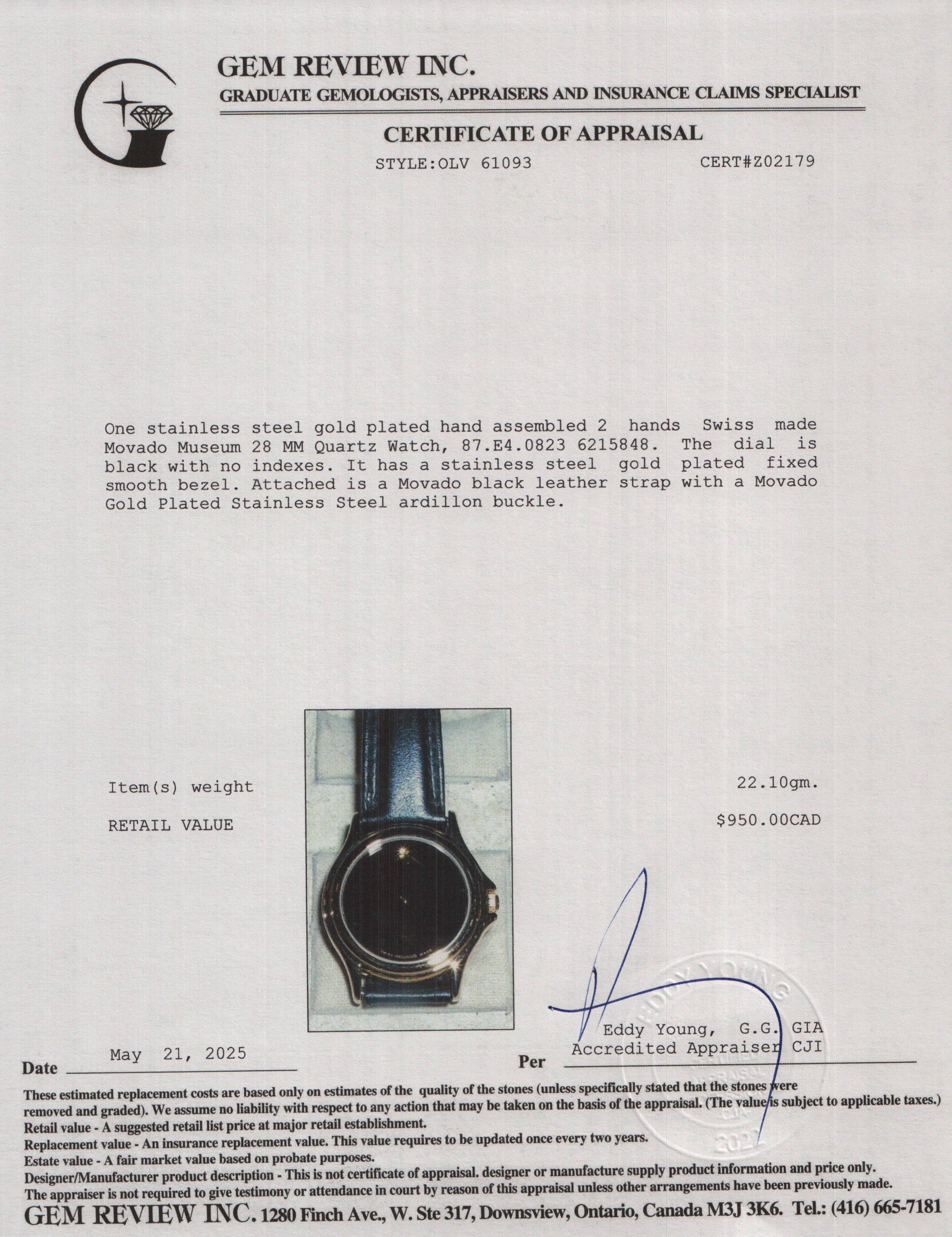 Movado Gold Plated Stainless Steel Museum 28 MM Quartz Watch