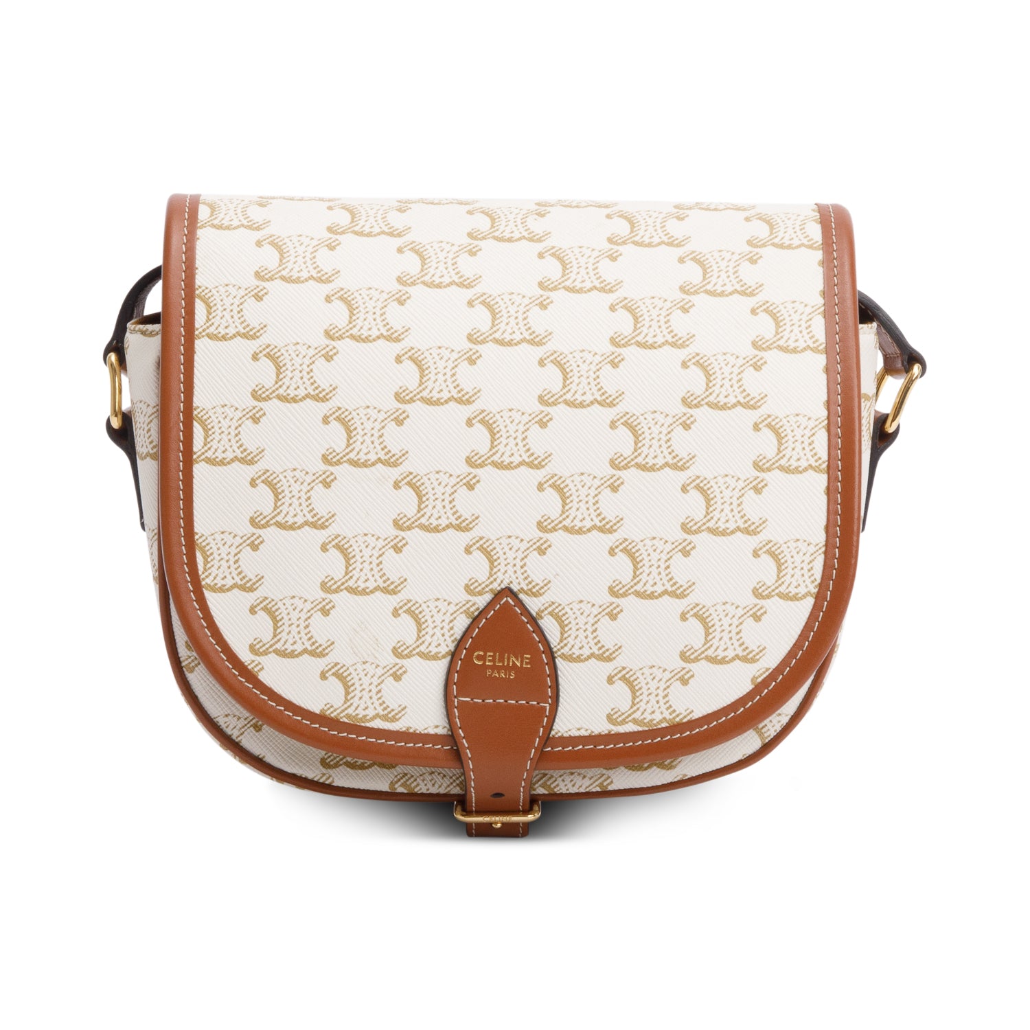 Celine 2021 White Triomphe Canvas and Calfskin Leather Medium Folco Crossbody Bag