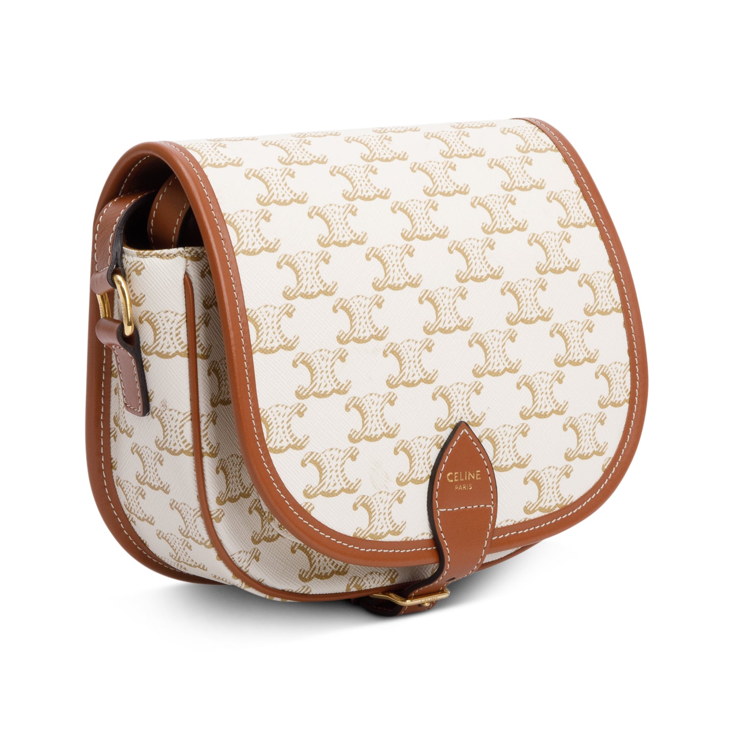 Celine 2021 White Triomphe Canvas and Calfskin Leather Medium Folco Crossbody Bag