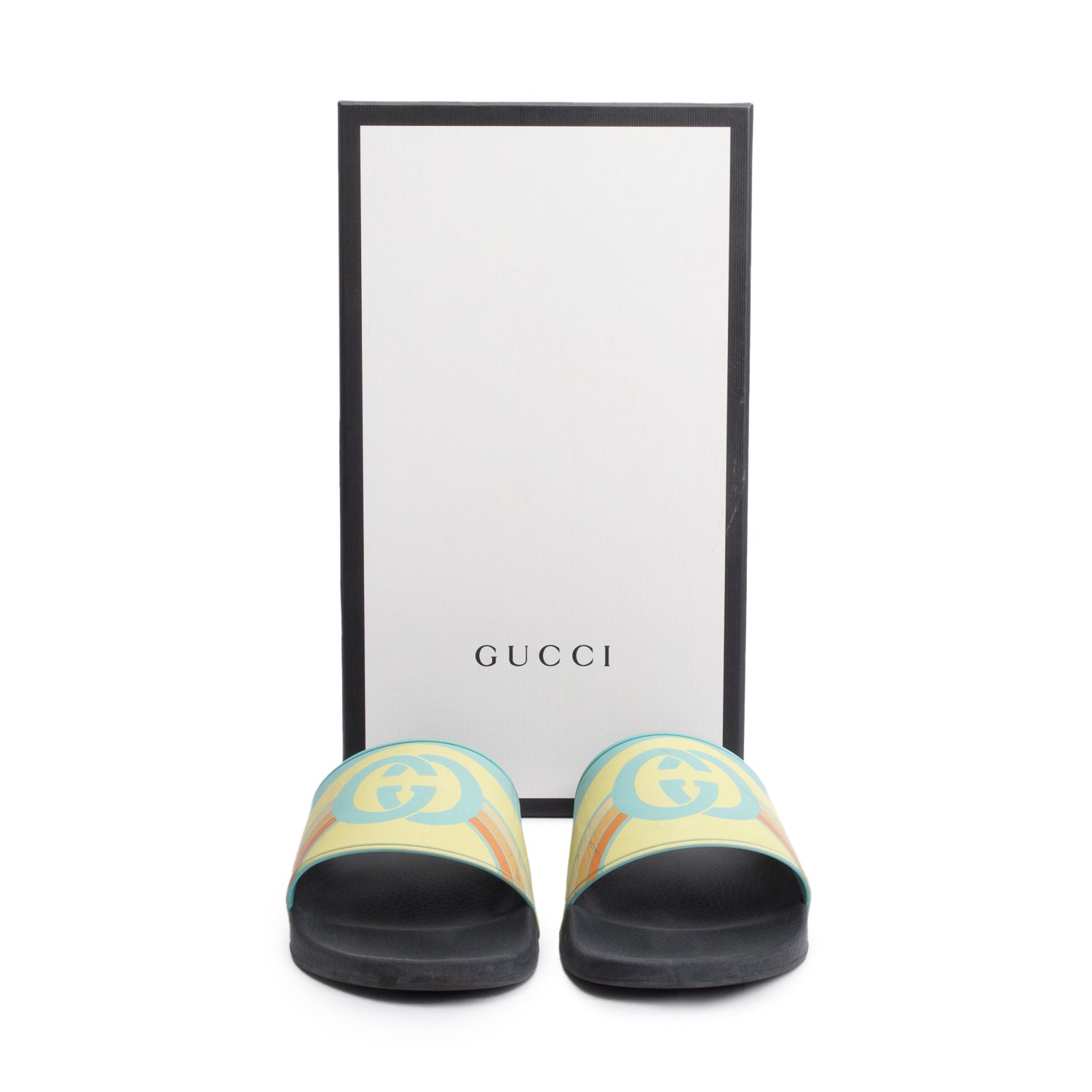 Gucci Black Multicolor Rubber Pursuit Interlocking G Logo Slides , Size 8 w/ Box