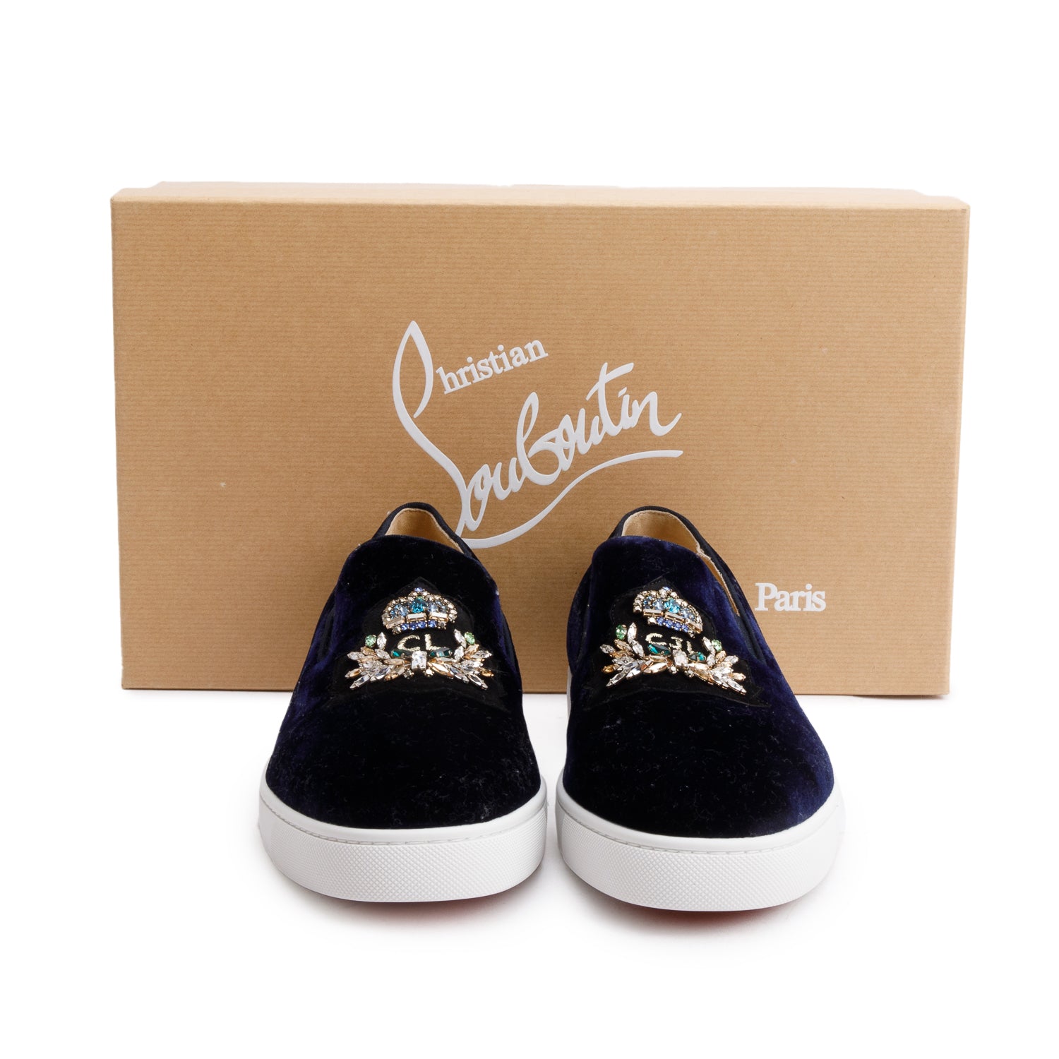 Christian Louboutin Blue Velvet CJL Logo Boat Slide Sneakers, Size 42 w/ Box