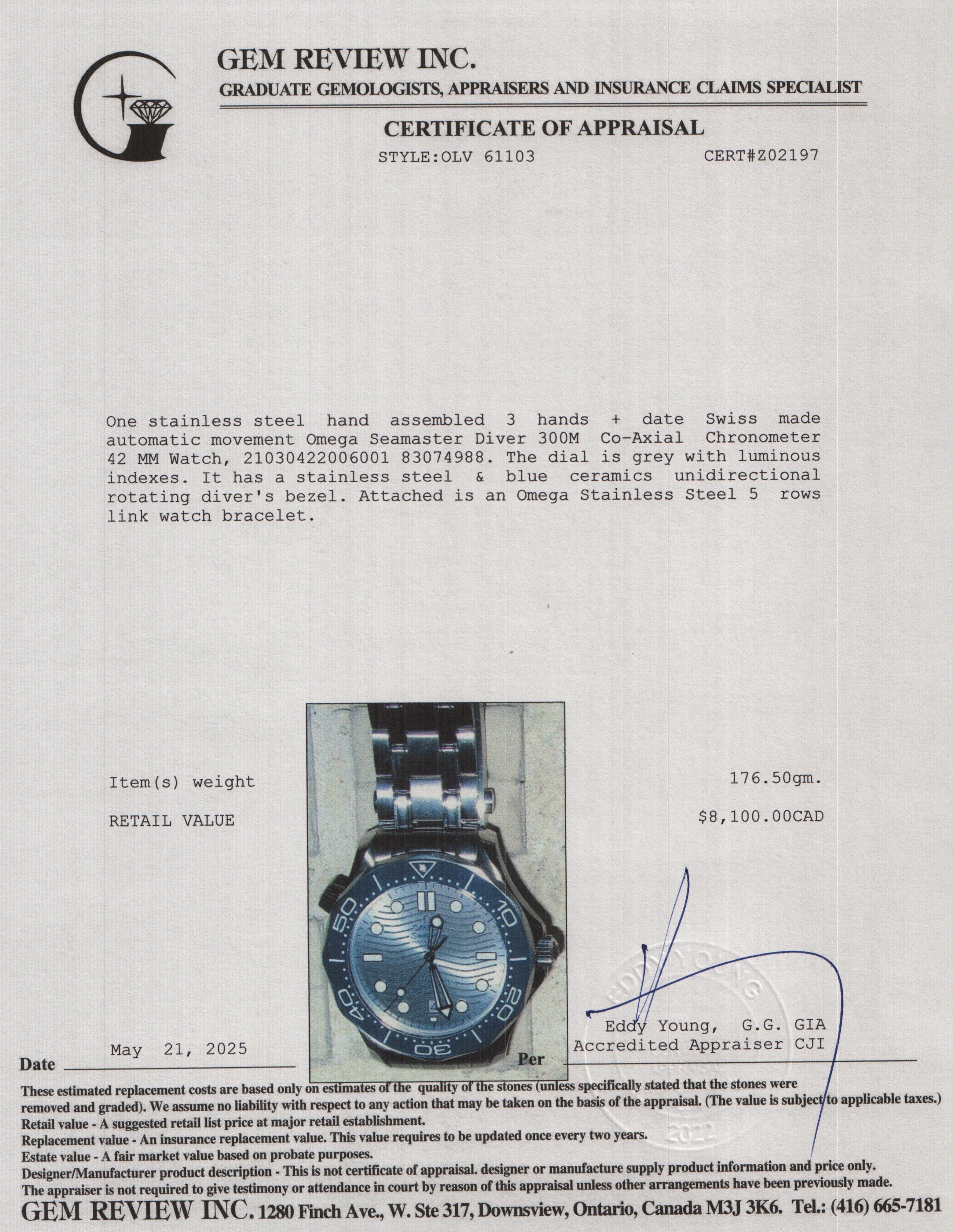 Omega 2022 Stainless Steel Seamaster Diver 300M Co-Axial Chronometer 42 MM Watch Grey Dial w/ Box & Papers