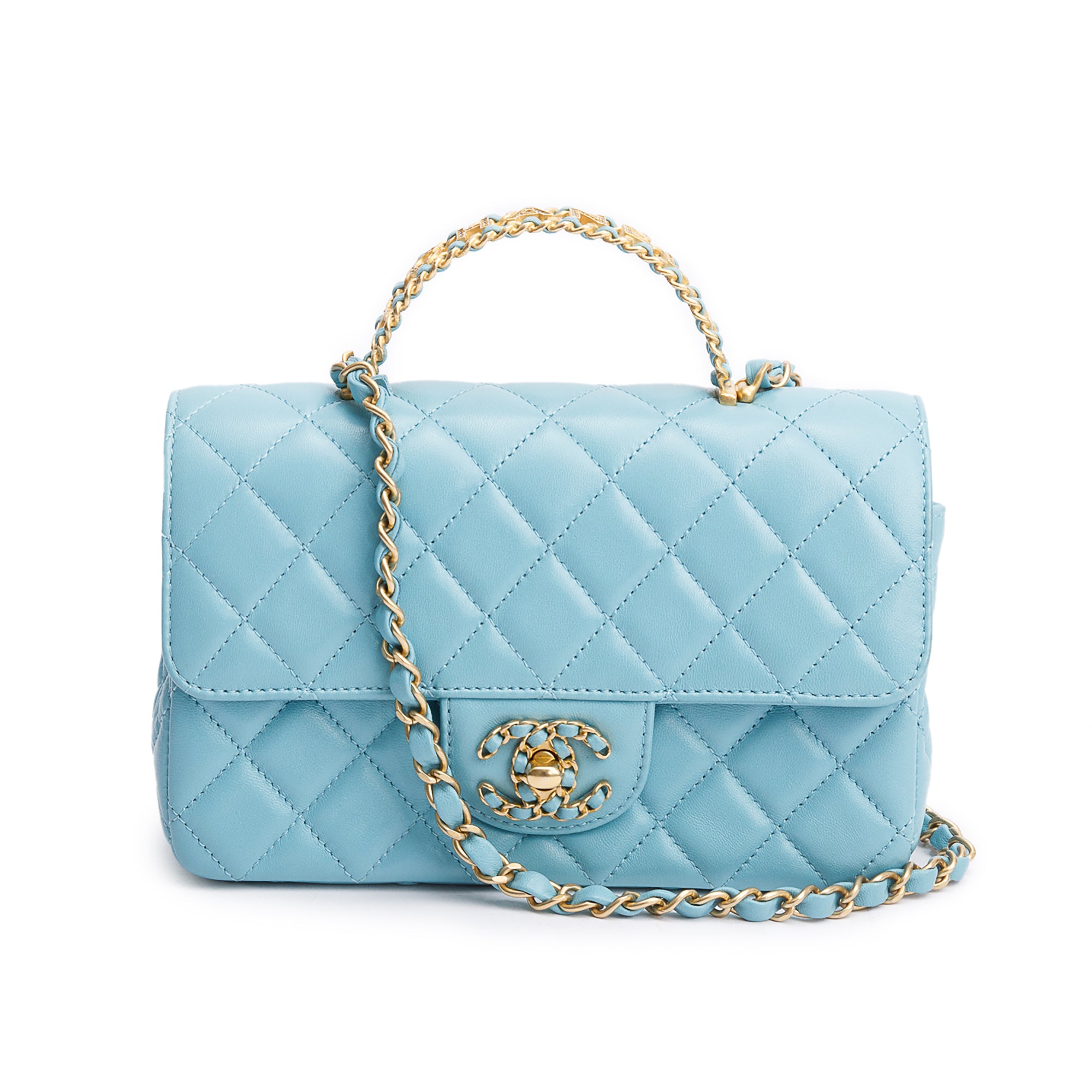 Chanel Turquoise Quilted Lambskin Leather Rectangular Mini Crystal Top Flap Bag w/ Box