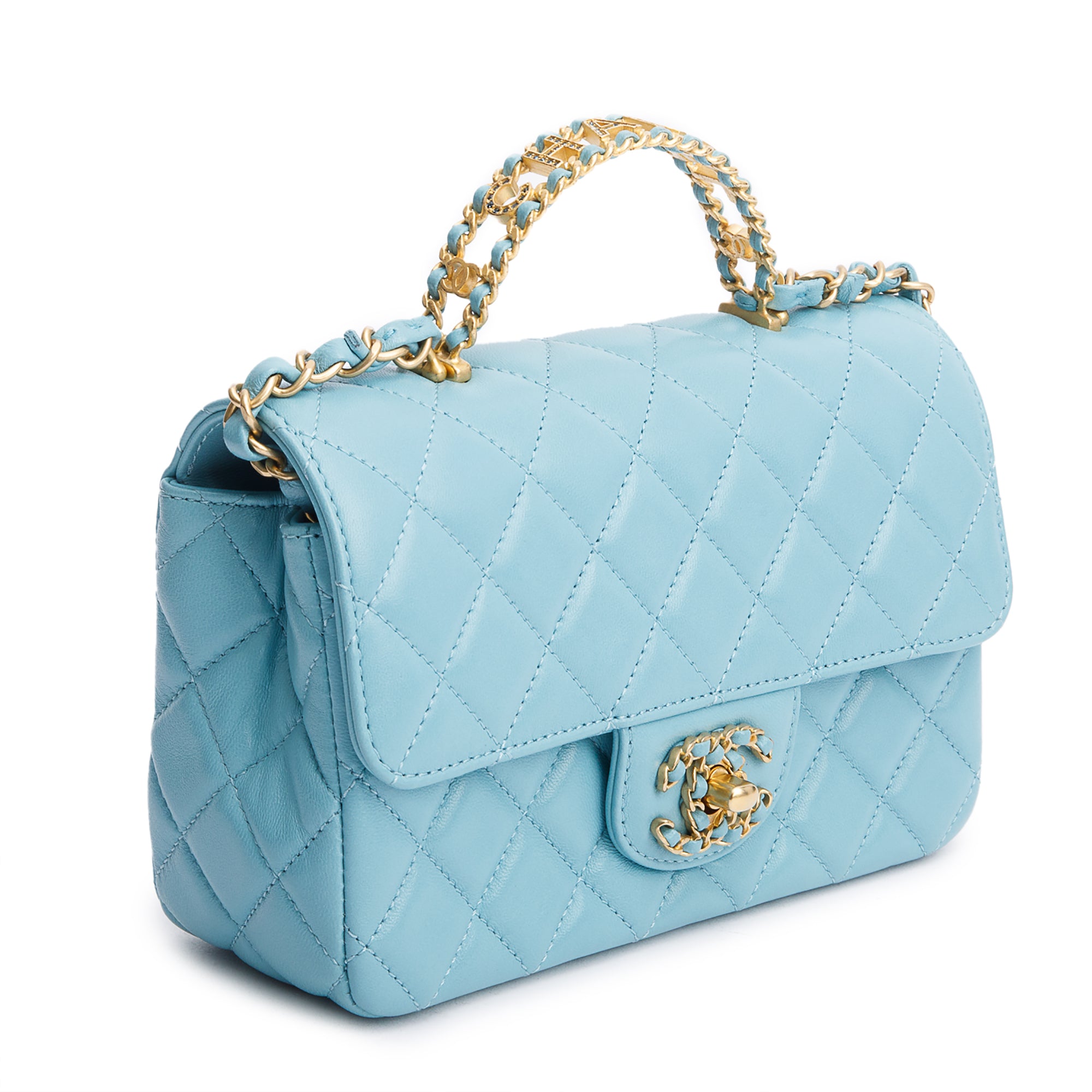 Chanel Turquoise Quilted Lambskin Leather Rectangular Mini Crystal Top Flap Bag w/ Box