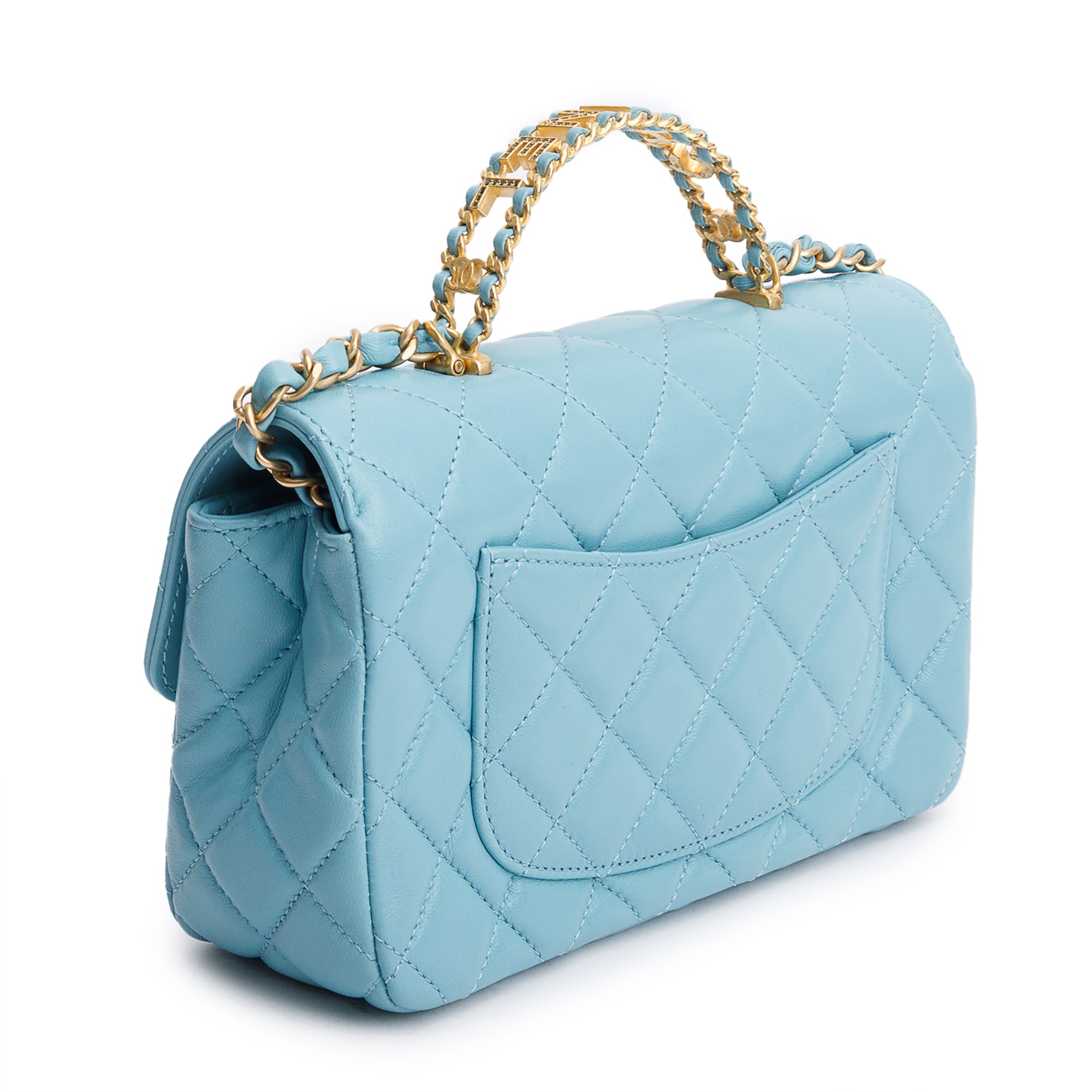 Chanel Turquoise Quilted Lambskin Leather Rectangular Mini Crystal Top Flap Bag w/ Box
