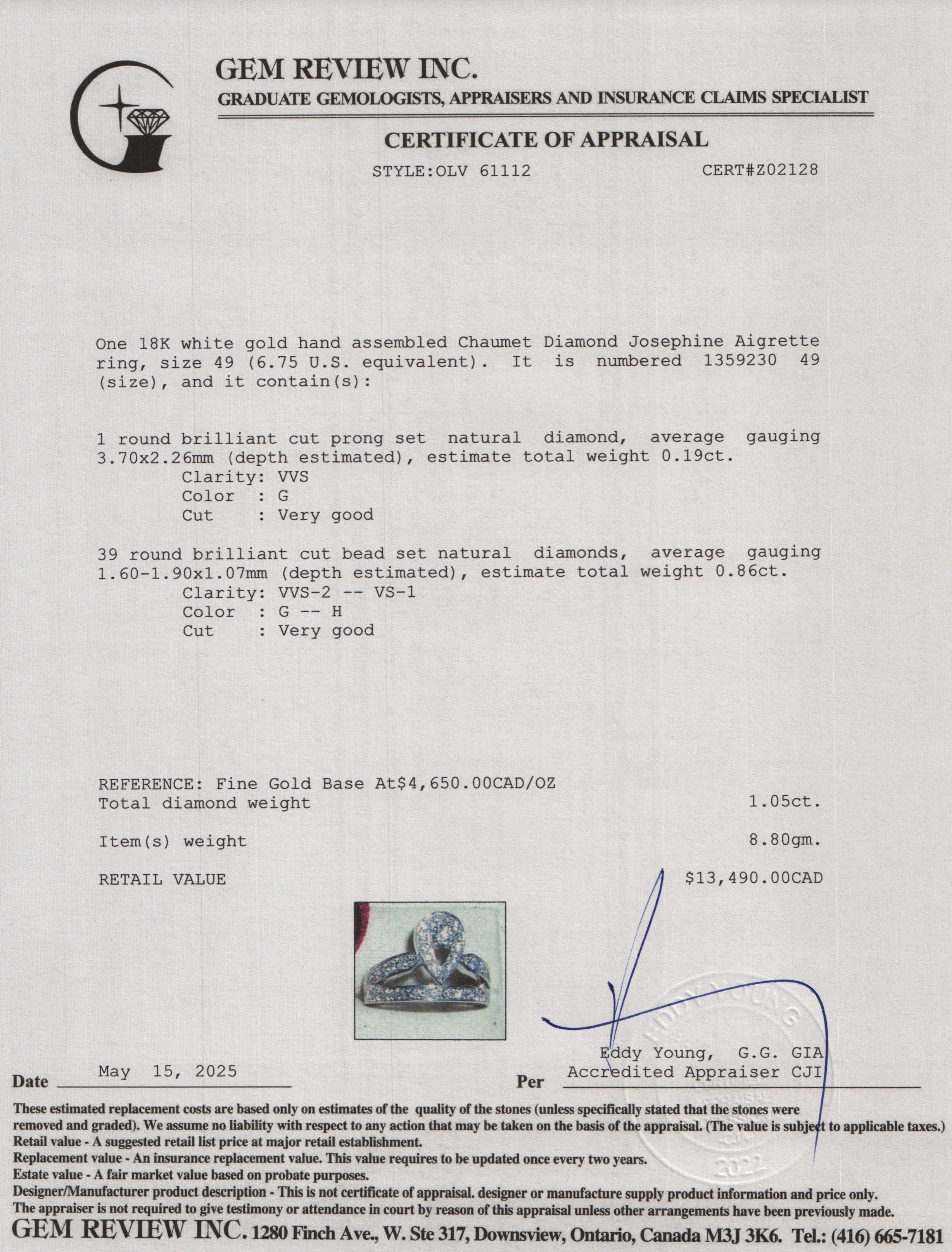 Chaumet 18k White Gold Diamond Josephine Aigrette Ring, Size 6.75 w/ Box