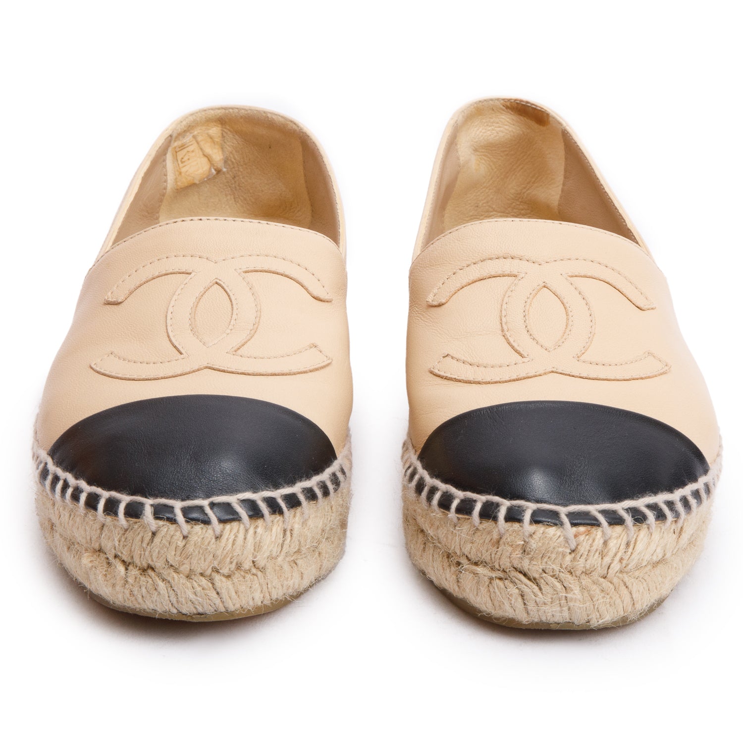 Chanel Neutral & Black Leather CC Logo Espadrilles, Size 35 w/ Box
