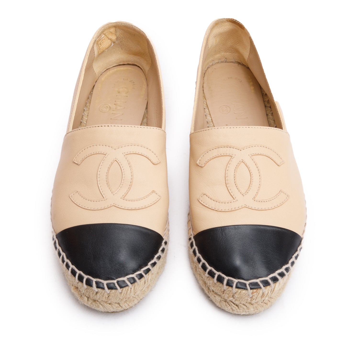 Chanel Neutral & Black Leather CC Logo Espadrilles, Size 35 w/ Box