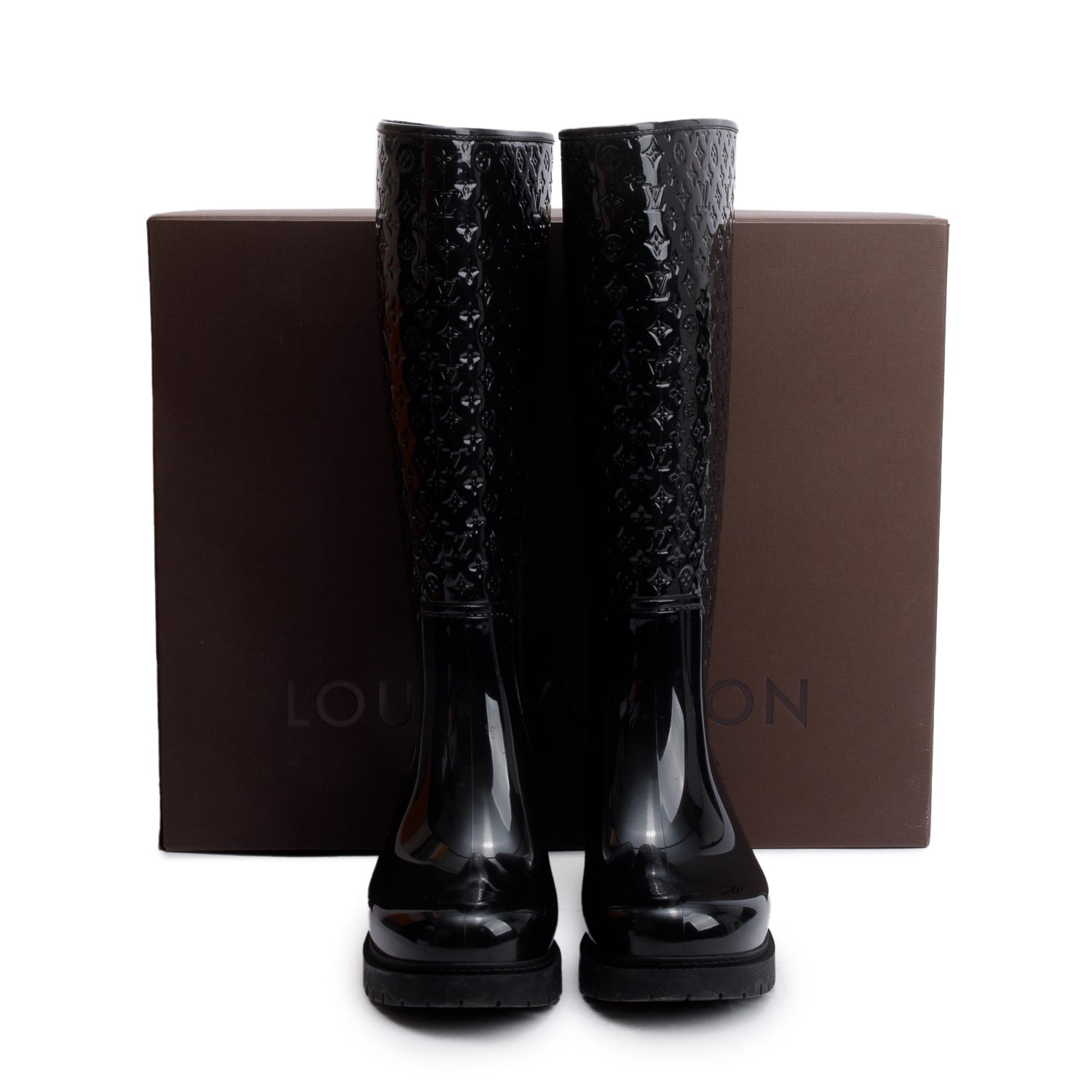 Louis Vuitton Black Monogram Rubber High Rain Boots, Size 36 w/ Box