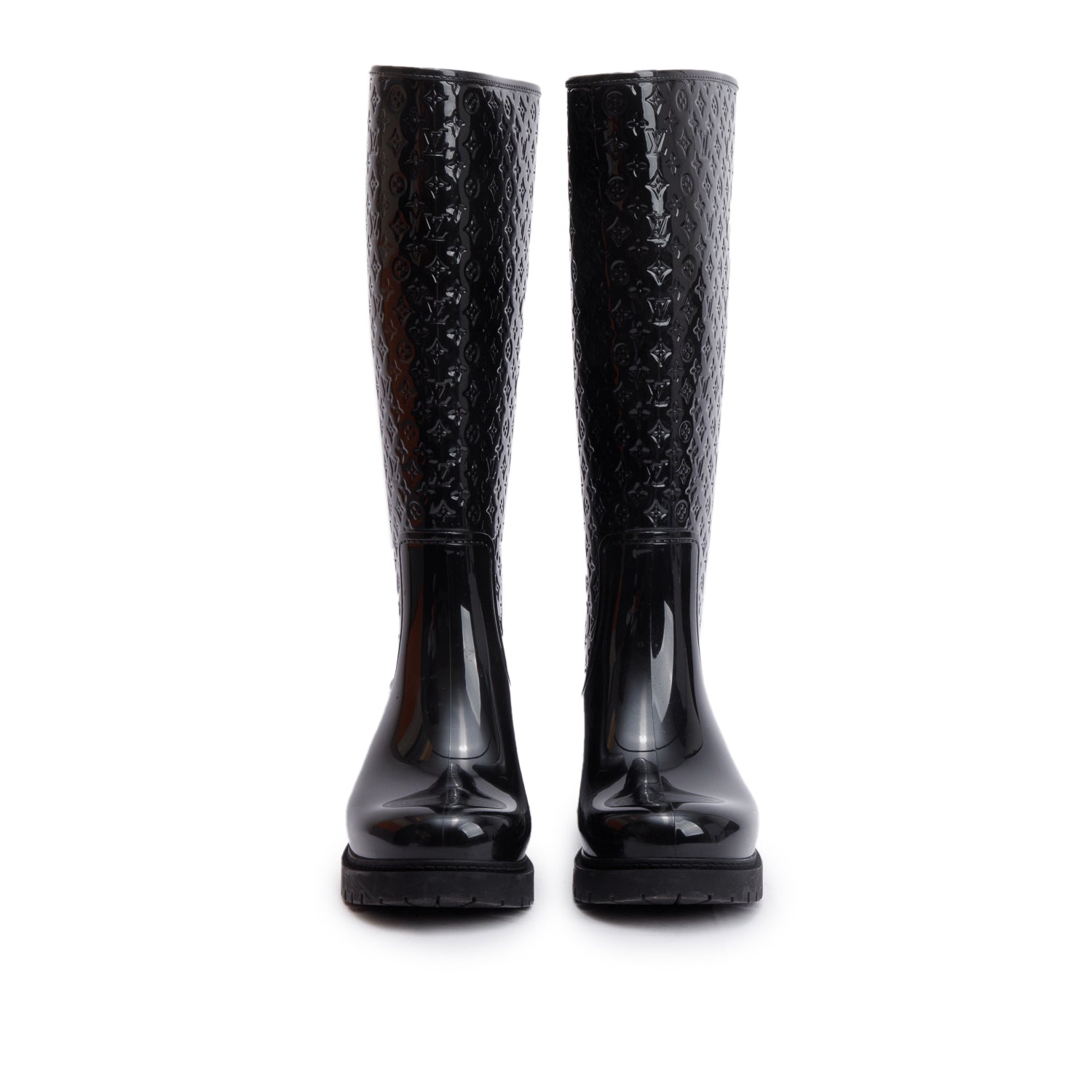 Louis Vuitton Black Monogram Rubber High Rain Boots, Size 36 w/ Box