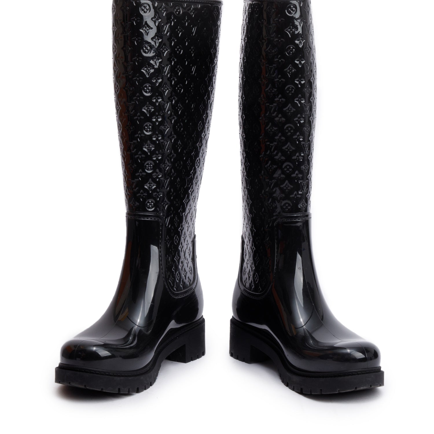 Louis Vuitton Black Monogram Rubber High Rain Boots, Size 36 w/ Box