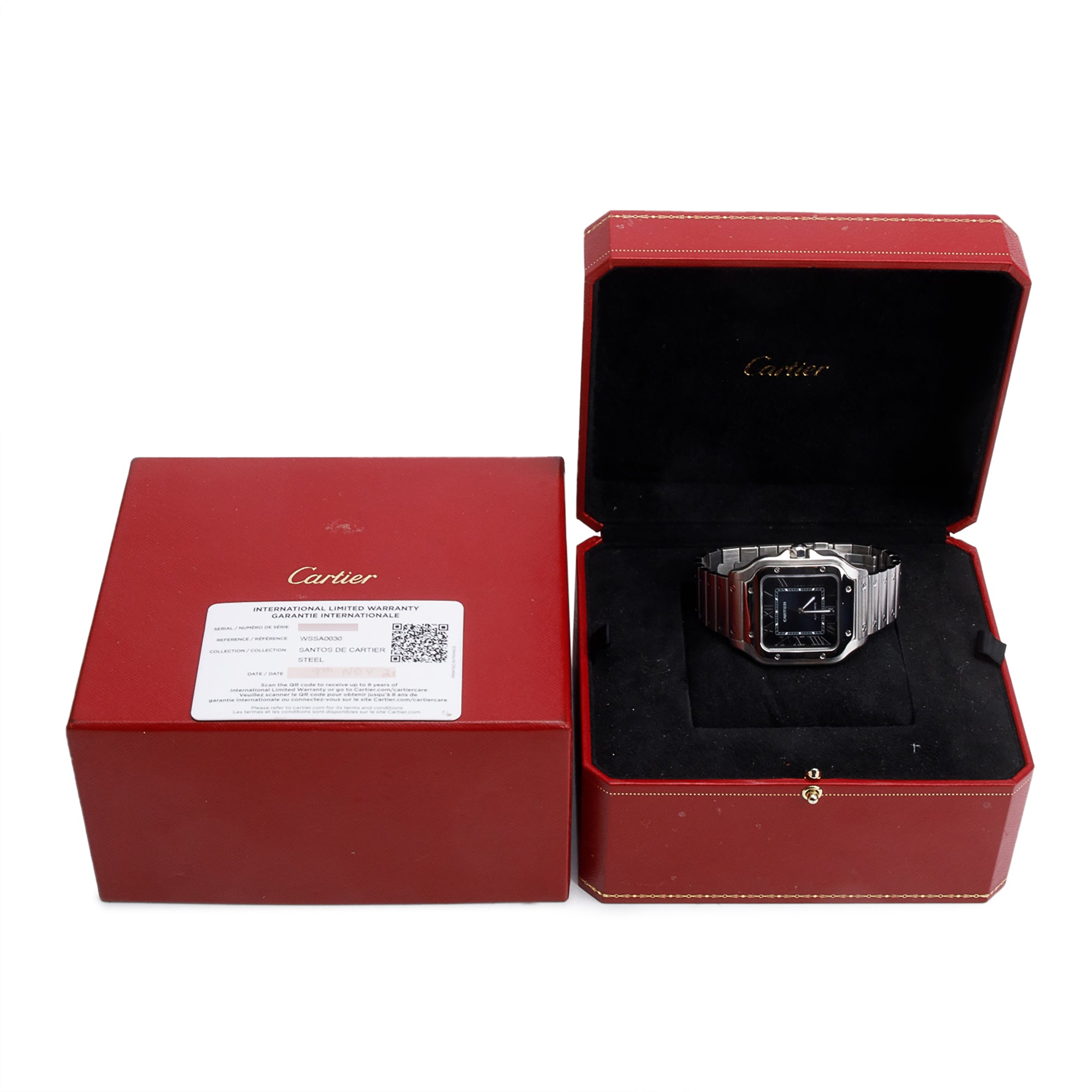 Cartier 2022 Stainless Steel Santos de Cartier Blue Dial Automatic Watch, Large Model 4072 w/ Box, Papers & Extra Strap