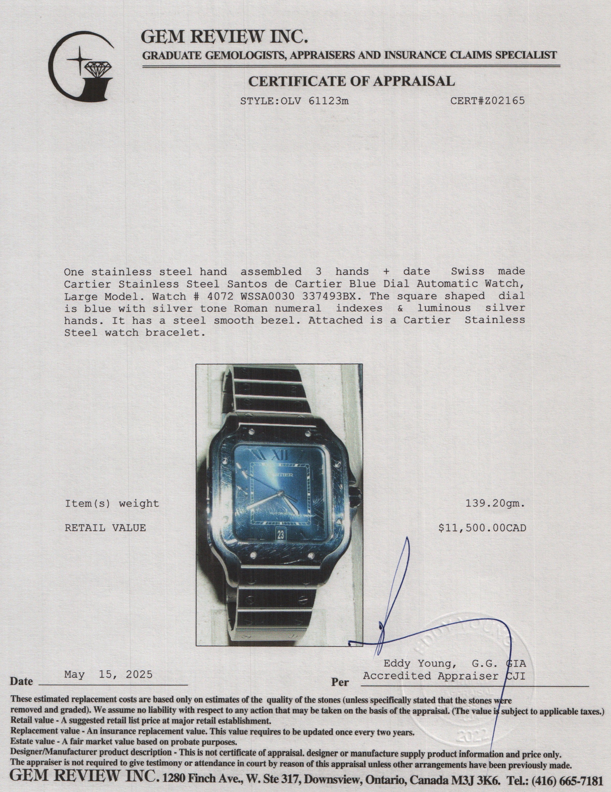 Cartier 2022 Stainless Steel Santos de Cartier Blue Dial Automatic Watch, Large Model 4072 w/ Box, Papers & Extra Strap