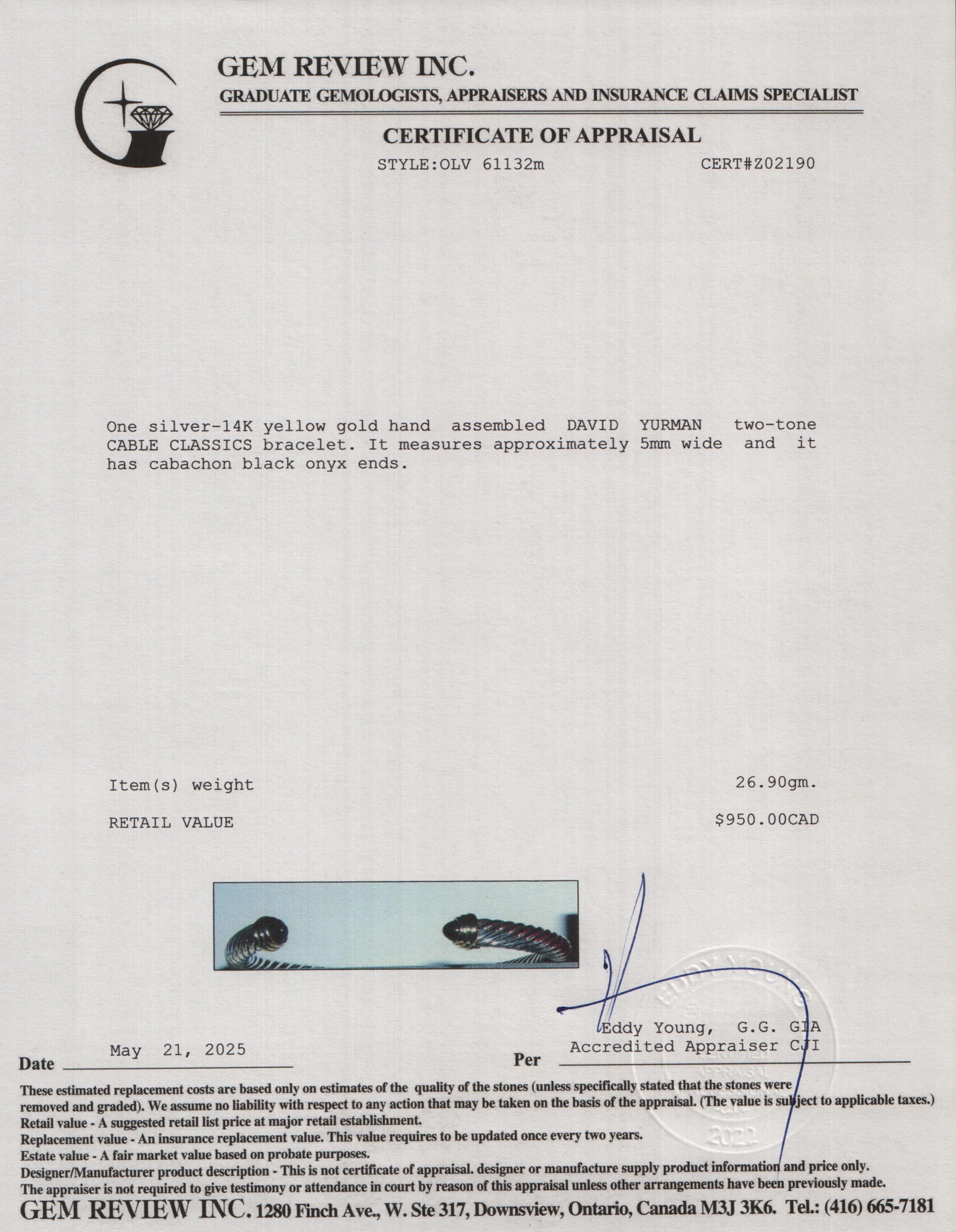 David Yurman Sterling Silver & 14k Yellow Gold 5MM Cable Classics Bracelet with Black Onyx