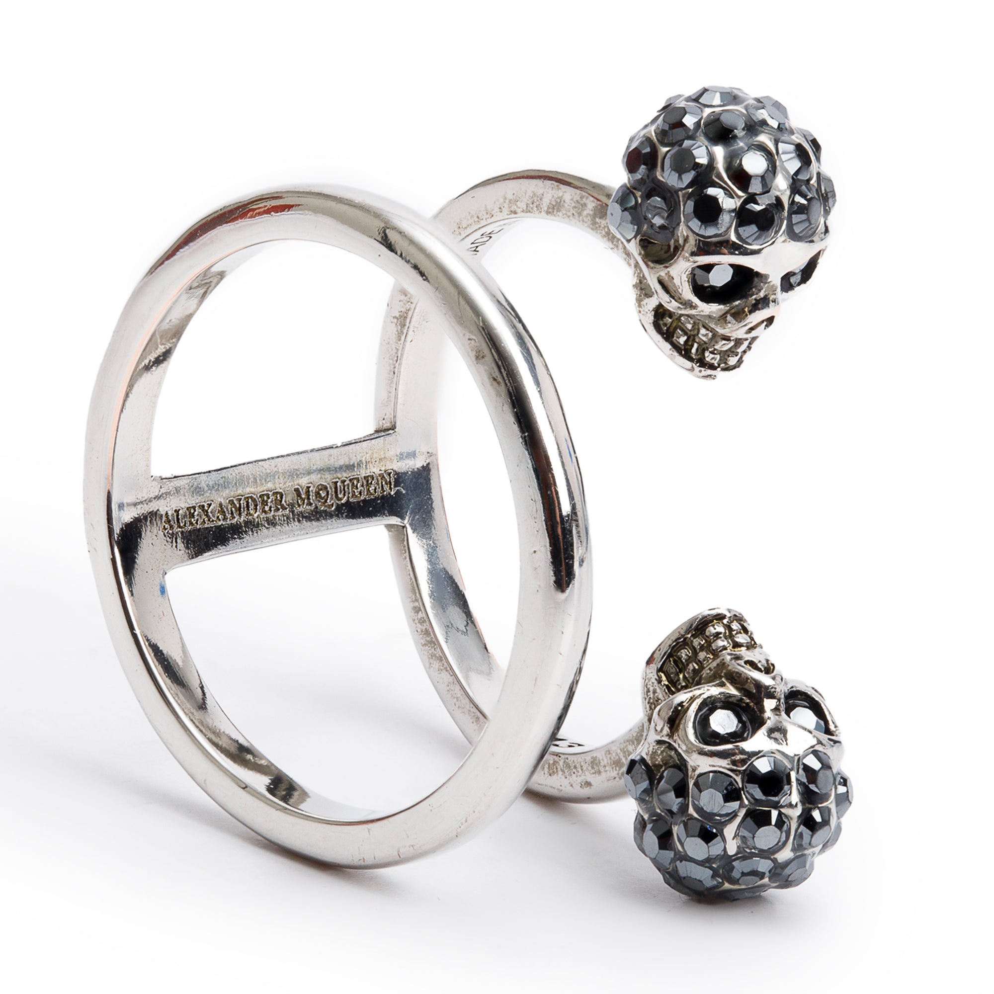 Alexander McQueen Silver Plated Crystal Twin Skull Double Ring, Size 13 5 w/ Box