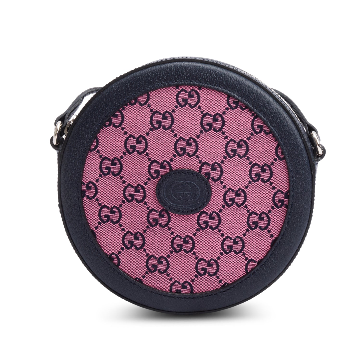 Gucci Pink GG Canvas Navy Leather Mini Round Crossbody Bag