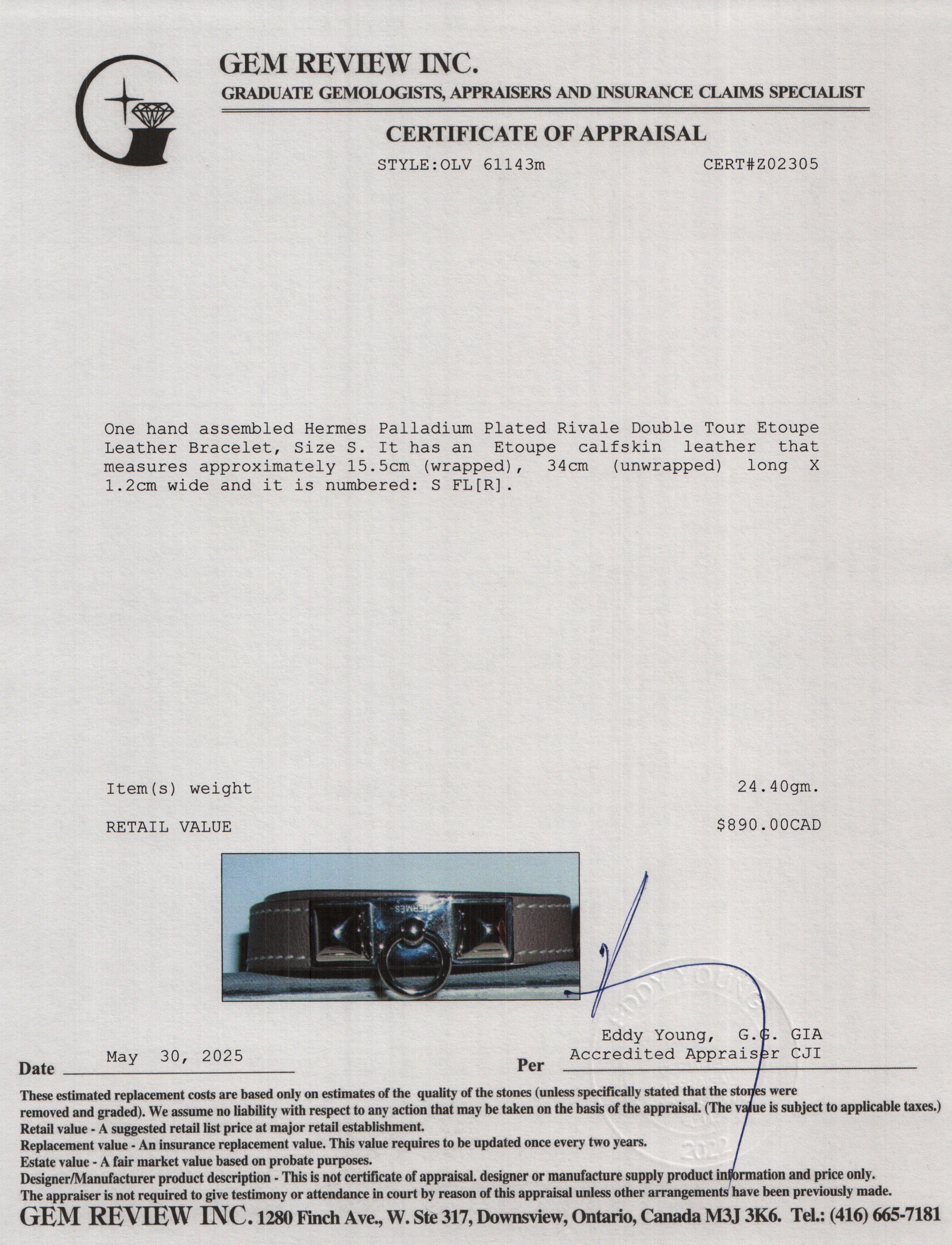 Hermes Palladium Plated Rivale Double Tour Etoupe Leather Bracelet, Size S